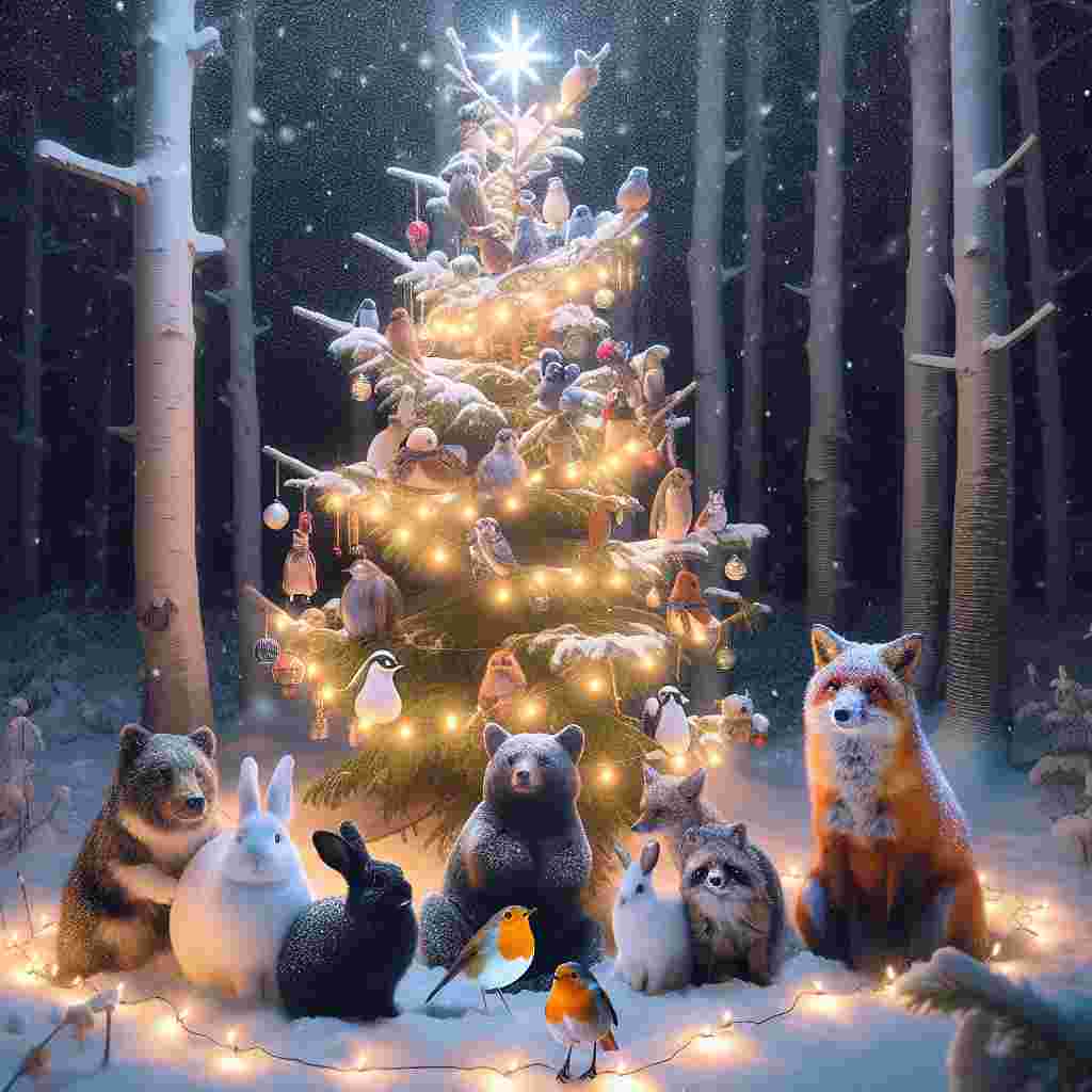 This image creatively brings to life a woodland scene lit up with the warmth of holiday lights, strung all across the branches of a mighty winter tree. The area is full of joy, and plays host to an eclectic mix of friendly forest animals. There are a Male South Asian robin, a Female Black rabbit, a Genderqueer Hispanic fox, a Male White bear, and a Female Middle-Eastern deer all enjoying the celebration. Snow softly falls around them, and a host of stars in the sky lend a dreamy attribute to the over-all image. The sparkles adding an extra touch of festivity to this beloved New Year celebration.
Generated with these themes: Christmas , Christmas tree, Christmas lights, Robin, Rabbit, Fox, Bear, Deer, Woodland, Star, Sparkle, and Snow.
Made with ❤️ by AI.