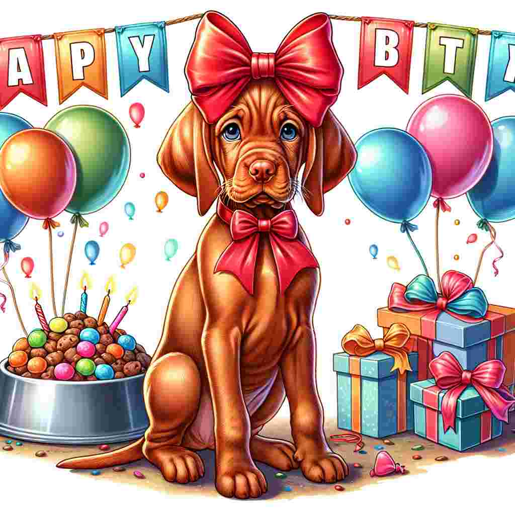 A cartoon scene depicting a Vizsla puppy with a big red bow around its neck, sitting in front of a whimsical birthday setup with balloons, a banner, and a bowl filled with doggie treats. The scene incorporates the message 'Happy Birthday' in bright balloon letters floating above.
Generated with these themes: Vizsla  .
Made with ❤️ by AI.