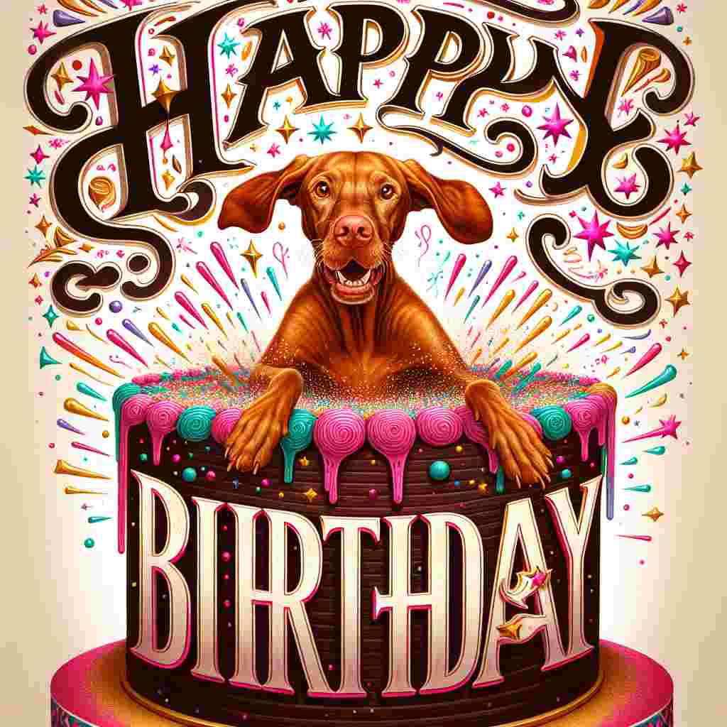 A digital art piece featuring a playful Vizsla popping out of a large birthday cake with a mischievous grin. The words 'Happy Birthday' are written in bold, fun lettering across the top, surrounded by sparkles and streamers to celebrate the occasion.
Generated with these themes: Vizsla  .
Made with ❤️ by AI.