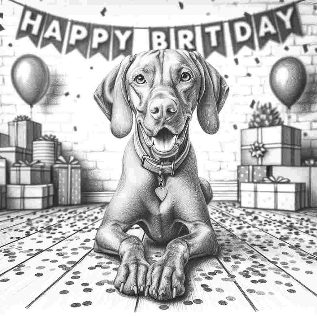 A charming pencil sketch of a smiling Vizsla sitting patiently in a room filled with party decorations, including a banner that reads 'Happy Birthday'. The dog's eyes gaze affectionately towards the viewer, as if waiting for the birthday song to begin, with a scattering of colorful confetti around its paws.
Generated with these themes: Vizsla  .
Made with ❤️ by AI.