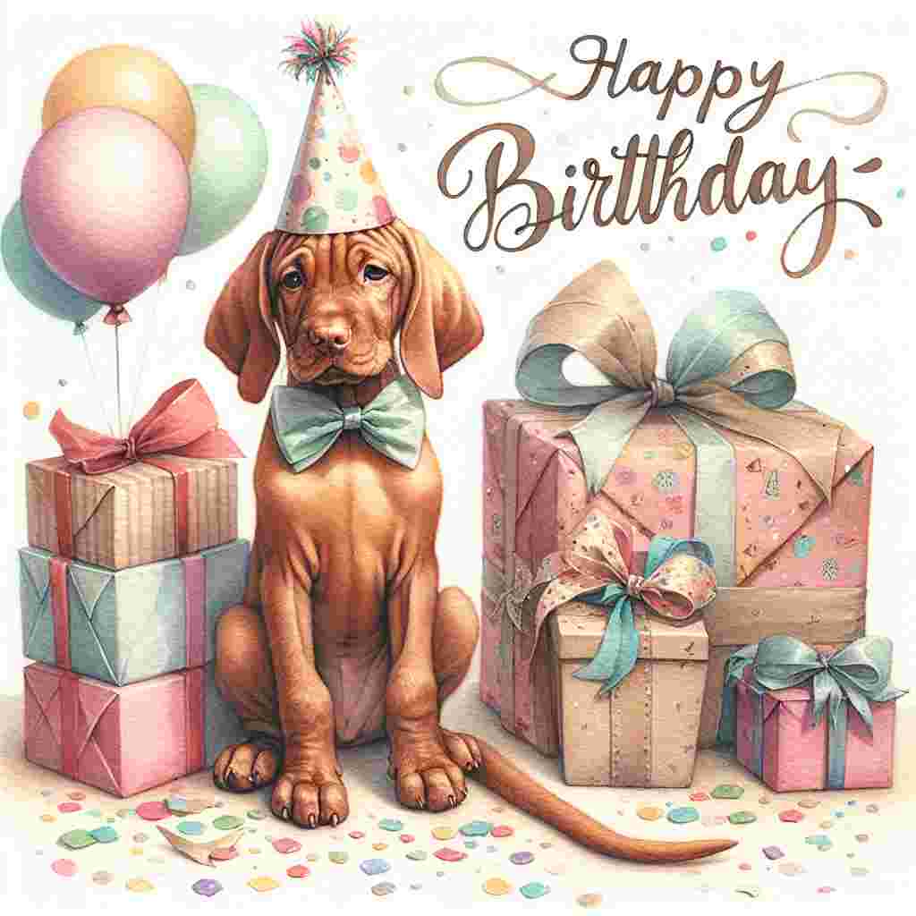 A watercolor illustration of a soft brown Vizsla wearing a tiny party hat, sitting beside a pile of beautifully wrapped gifts. The dog's wagging tail brushes against colorful confetti scattered on the floor. Above, 'Happy Birthday' is scrawled in playful cursive with a few balloons floating nearby.
Generated with these themes: Vizsla  .
Made with ❤️ by AI.