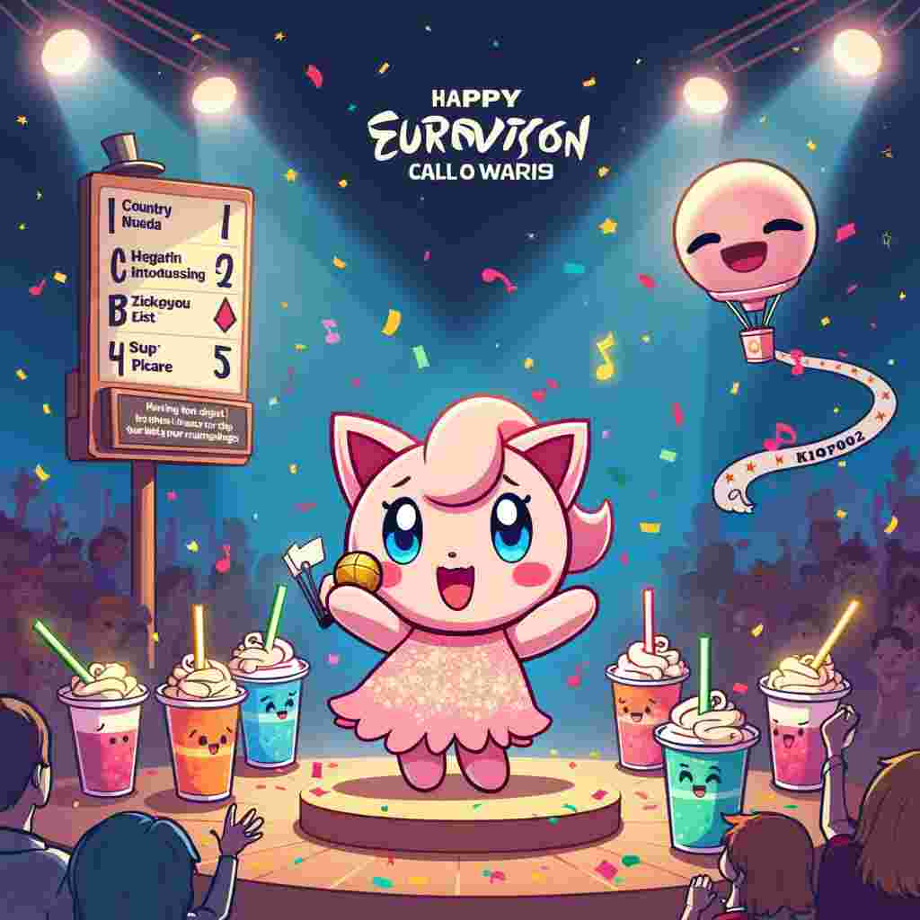 On the front cover of the birthday greeting card, picture a lively cartoon scene bursting with whimsical detail. At the center, a jubilant Jigglypuff, dressed as a glitzy Eurovision contestant complete with a sparkling sequin dress and holding a golden microphone, sings passionately on an elevated stage. The stage is decorated with a dazzling array of bright lights and confetti falling from above, reminiscent of a Eurovision spectacle.

Around the stage, several anthropomorphic bubble tea cups are the enthusiastic audience. Each bubble tea cup has expressive, wide eyes and tiny hands holding glow sticks, cheering for Jigglypuff. The bubble teas have different flavors, with colorful pearls at the bottom – some with playful straws sticking out like quirky hats.

To the left, a giant, pastel-colored lip balm mascot, with a face and limbs, stands as the Eurovision host. The lip balm wears a small, top hat and has a bow tie, holding a cue card in one hand and a flashy baton in the other. Behind the lip balm, there’s a giant scoreboard displaying hilarious country names and absurdly high scores, all written in bold, cartoonish fonts.

In the background, the scene is filled with a stylized, animated crowd – an eclectic mix of characters like animals, humanoid creatures, and whimsical beings inspired by the artists mentioned. There’s a mini hot air balloon floating above the stage with “Happy Birthday!” written on a banner trailing behind it. 

The background of the entire scene is a blend of bright pastel colors, creating a festive, celebratory atmosphere. Small details like musical notes floating around Jigglypuff, confetti scattered on the floor, and a starry night sky add to the lively and enchanting vibe of the birthday celebration.
Generated with these themes: Eurovision, Bubble tea, Jigglypuff, and Lip balm.
Made with ❤️ by AI.