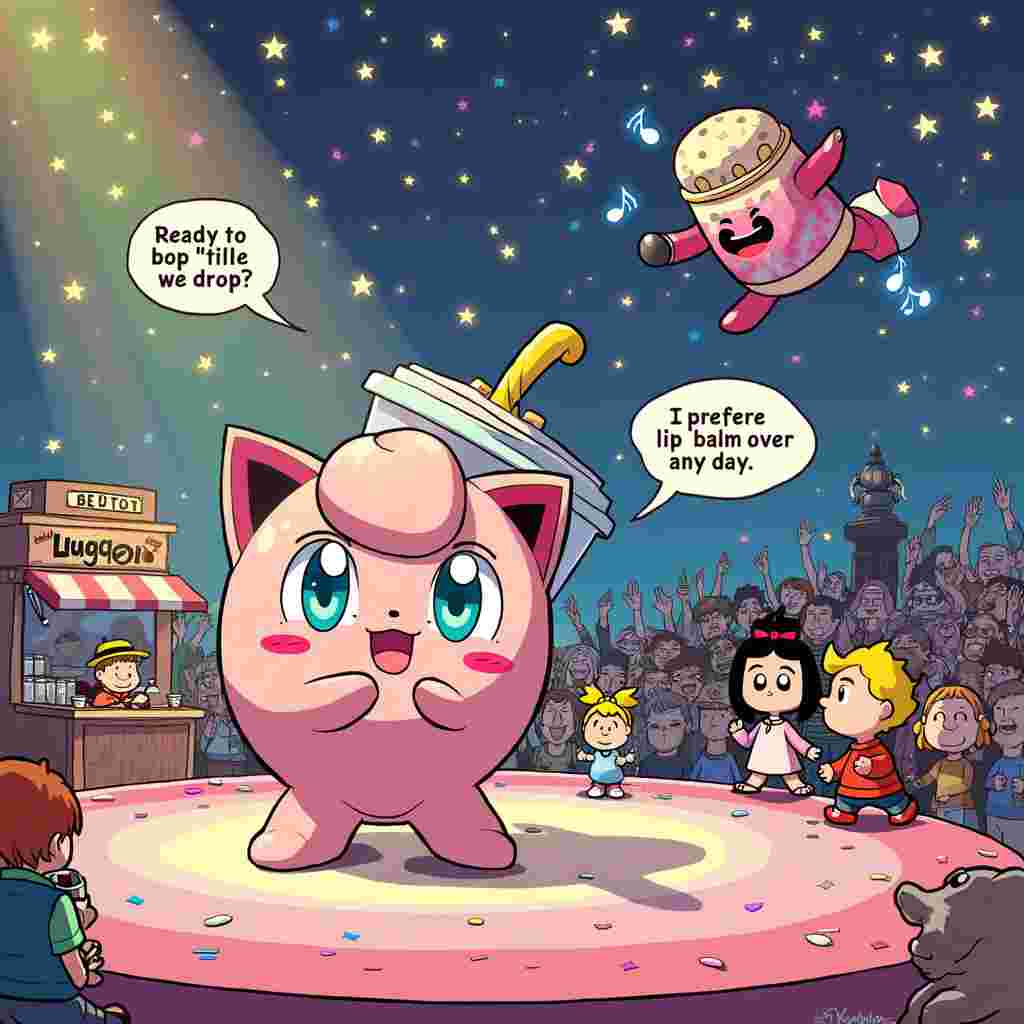 In the whimsical scene, Jigglypuff takes center stage on an elaborately decorated Eurovision stage. The stage is adorned with vibrant, glittering lights and a kaleidoscope of colorful confetti falling like a rainbow shower. Jigglypuff holds a microphone shaped like a giant bubble tea cup, complete with a chunky straw and tapioca pearls swirling inside the transparent cup. The microphone’s straw has a comical twist at the top that looks like a music note.

In the background, there’s a diverse and enthusiastic crowd of anthropomorphic characters from various manga and cartoon styles, all cheering and waving tiny bubble tea cups instead of glow sticks. To the left, you see a bubble tea stand operated by Calvin and Hobbes, with Calvin looking mischievous as he pours an absurdly large amount of tapioca pearls into a customer’s cup, while Hobbes smirks approvingly.

On the right side of the stage, a giant, animated lip balm tube with googly eyes and a smile, dances to the beat, its cap flipping up and down rhythmically. The tube has a small crown on its head, hinting at its Eurovision royalty status. Hergé’s Tintin and Snowy are in the foreground, looking both confused and amused, holding bubble tea cups with their free hands.

Above the stage, floating in the air, are speech bubbles with witty banter, reminiscent of Bill Watterson’s style. One bubble has Jigglypuff saying, “Ready to bop 'til we drop?” while another shows Snowy thinking, “I prefer lip balm over bubble tea any day.”

The backdrop is a starry night sky, akin to Winsor McCay’s dreamscapes, with twinkling stars forming musical notes. The entire scene is framed with comic strip borders, giving a nod to classic Peanuts and Calvin and Hobbes layouts, ensuring it feels both nostalgic and contemporary.
Generated with these themes: Eurovision, Bubble tea, Jigglypuff, and Lip balm.
Made with ❤️ by AI.