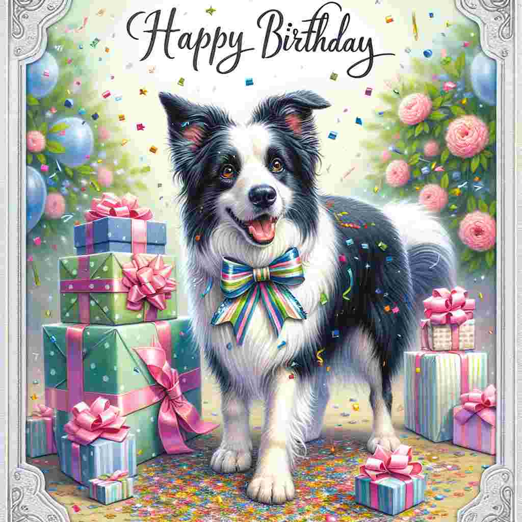 A charming illustration features a playful Border Collie with a ribbon around its neck, standing in front of a pile of gift boxes. Colorful confetti is scattered about, and the 'Happy Birthday' greeting is elegantly scripted above the scene.
Generated with these themes: Border Collie  .
Made with ❤️ by AI.