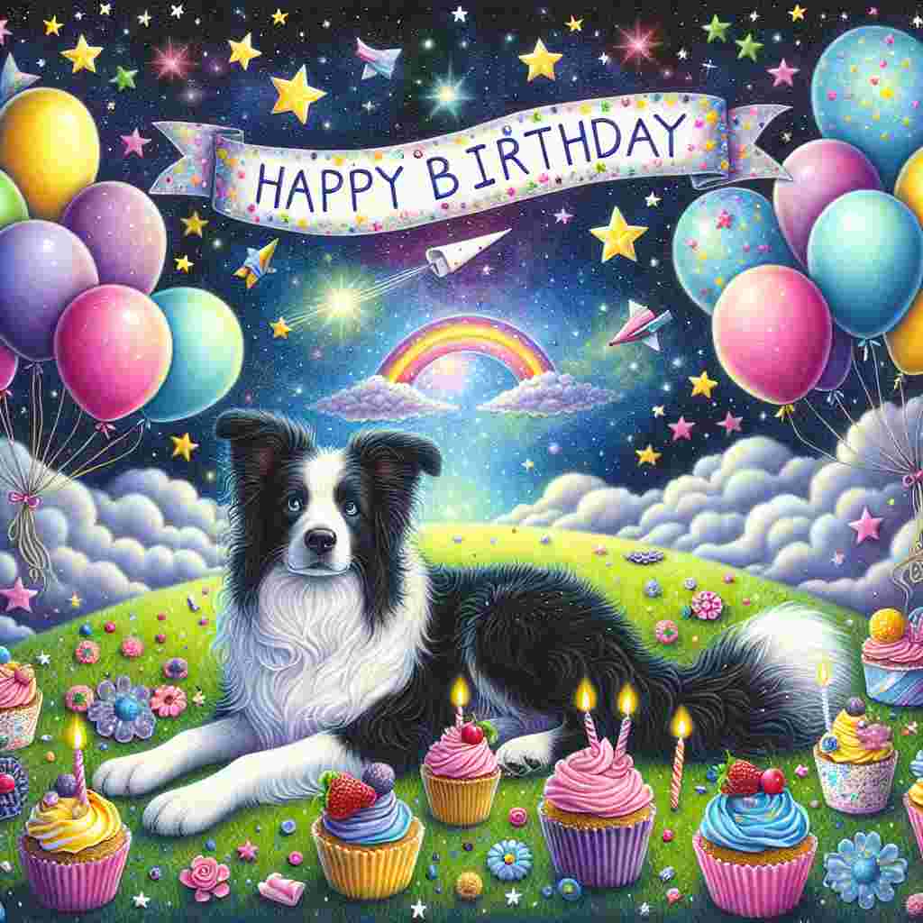 A single, endearing Border Collie sits amidst a fantasy landscape with cupcakes and balloons tied to its tail. A banner flutters above, with the words 'Happy Birthday' playfully arranged among the stars and clouds in the sky.
Generated with these themes: Border Collie  .
Made with ❤️ by AI.