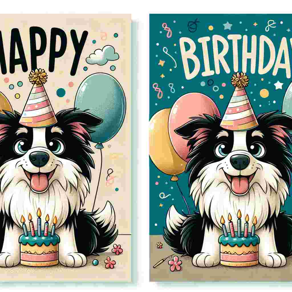 A whimsical birthday card showcasing a cartoonish Border Collie wearing a festive party hat. In the background, balloons and a cake adorned with candles set the celebratory mood, while the words 'Happy Birthday' are written across the top in cheerful, bold letters.
Generated with these themes: Border Collie  .
Made with ❤️ by AI.