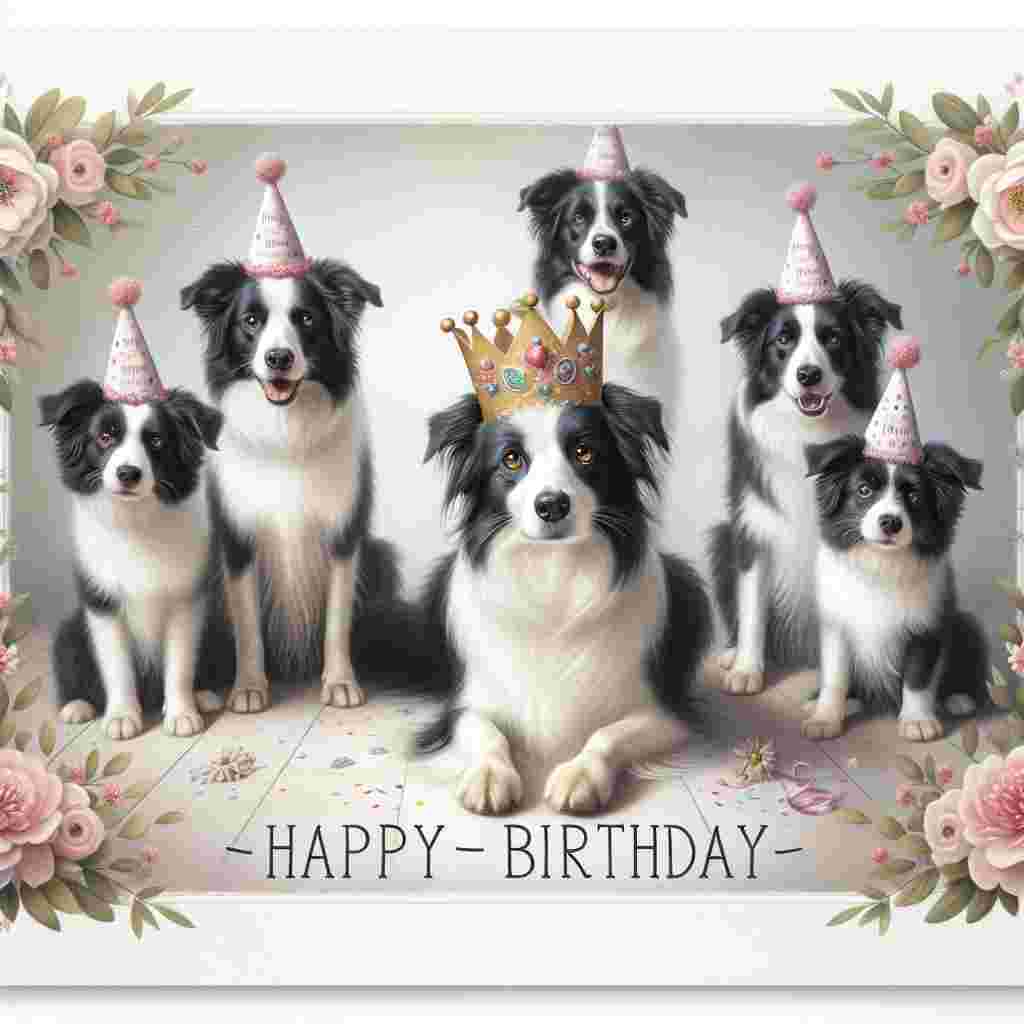 In this heartwarming scene, a group of cute Border Collies are having a birthday party, with one of them at the center wearing a birthday crown. The scene is framed by a delicate floral border, with 'Happy Birthday' prominently displayed at the bottom in a fun font.
Generated with these themes: Border Collie  .
Made with ❤️ by AI.