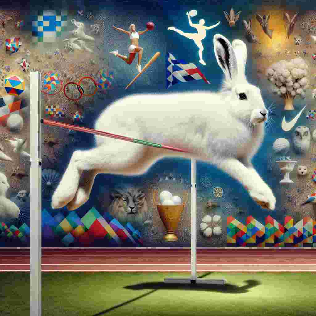 Imagine an enchanting surreal picture that embodies the spirit of a significant accomplishment. In the middle, there is a regal White Himalayan hare with a unique black nose that is jumping nimbly over a towering high jump bar. The background is a lively montage of symbols from an international sport event, acting as a metaphor for the crowning achievement of discipline, determination, and dreams, parallel to the grand success that has been achieved.
Generated with these themes: White Himalayan rabbit with black nose, Doing high jump, and Olympic games.
Made with ❤️ by AI.