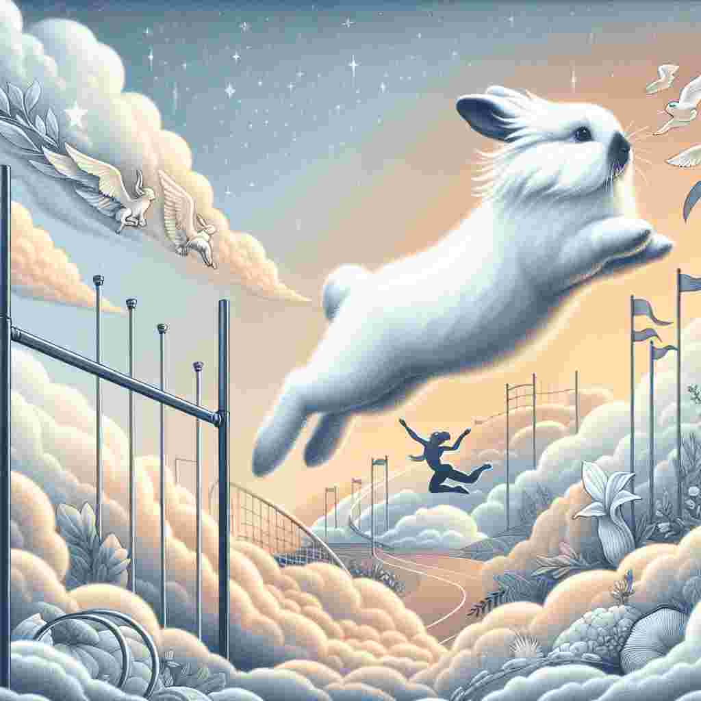 Create an illustration that encapsulates the essence of remarkable achievement and success. Imagine a White Himalayan rabbit, characterized by its distinctive black nose, making a tremendous leap over a high jump bar, styled like those seen in the Olympics. This scene takes place in a dreamy, symbolic landscape filled with elements that hark back to the Olympic Games, weaving a whimsical tapestry where ambition met achievement. The rabbit's dramatic leap is a significant emblem of the grand heights of excellence reached.
Generated with these themes: White Himalayan rabbit with black nose, Doing high jump, and Olympic games.
Made with ❤️ by AI.