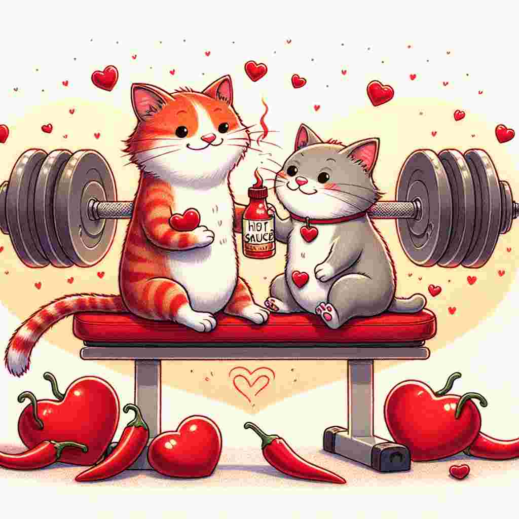 An endearing illustration for Valentine's Day featuring two lovable cats perched side by side on a gym bench. One of these felines jestingly clutches a small container of hot chili sauce, provoking the other cat who feigns an attempt to grab it with one paw. The ambiance is embellished with heart-shaped gym weights and a scatter of red chili hearts decorating the background, serving as metaphors for warmth and love during this day of romance.
Generated with these themes: Cats, Chilli sauce, and Gym.
Made with ❤️ by AI.