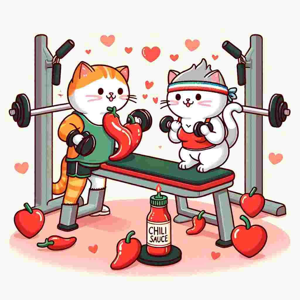 Illustrate a delightful Valentine's Day gym scene featuring two cats engaged in a playful exercise routine. They are surrounded by gym equipment decorated with hearts. One cat, sporting a sweatband, is lifting a chili pepper-shaped dumbbell, while the other cat looks on lovingly, offering encouragement. For a quirky touch, there is a bottle of chili sauce resting on the floor. Heart decorations are strewn about the place, establishing a festive and endearing atmosphere.
Generated with these themes: Cats, Chilli sauce, and Gym.
Made with ❤️ by AI.