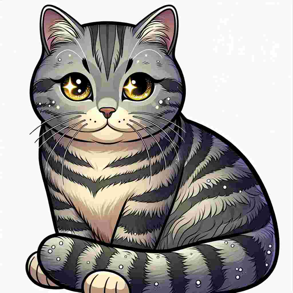 Generate a whimsical cartoon scene featuring an adorable adult cat of an undefined breed, hinting at a touch of mystery. This cat has a standard body structure that suggests a life full of playful comfort. It wears a warm grey fur coat adorned with darker grey stripes, and it's sitting comfortably while observing its environment. Its sparking yellow eyes, glowing with curiosity and a blend of wisdom and mischief, serve as windows to an adventurous soul.
.
Made with ❤️ by AI.