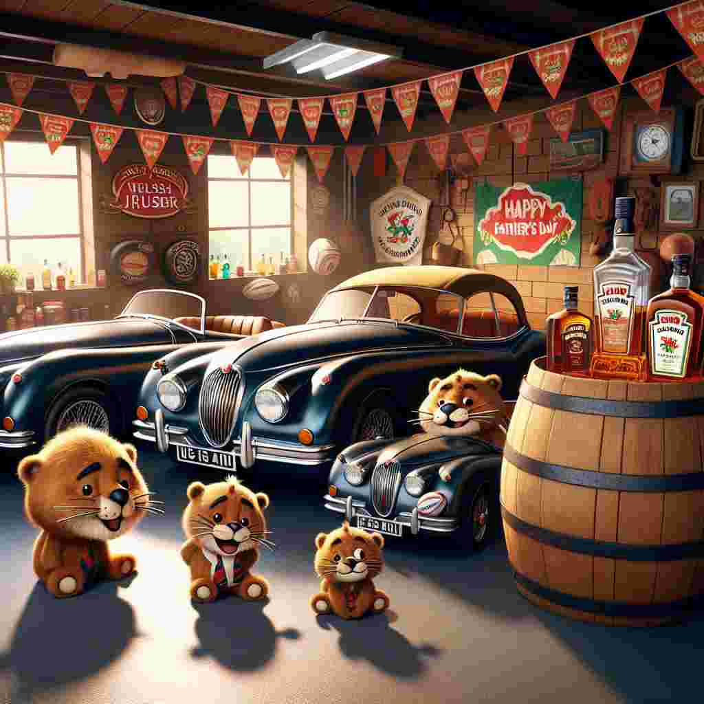 Picture a quaint, sunlit garage filled with a family of charming, anthropomorphic car cartoons, each resembling a Jaguar automobile. They each sport a small rugby ball as a hood ornament and bear smiles on their grilles. The walls of the garage are decorated with memorabilia from Welsh rugby and cheerful bunting that says 'Happy Father's Day'. In one corner of the garage, a plump, friendly whisky barrel exudes a warm, fatherly vibe, its sides adorned with a pattern of rugby balls and ties. All elements in this scene exude an uplifting and playful homage to Father's Day, celebrating the interests typically associated with a father figure without directly depicting one.
Generated with these themes: Jaguar cars, Welsh rugby, and Whisky.
Made with ❤️ by AI.