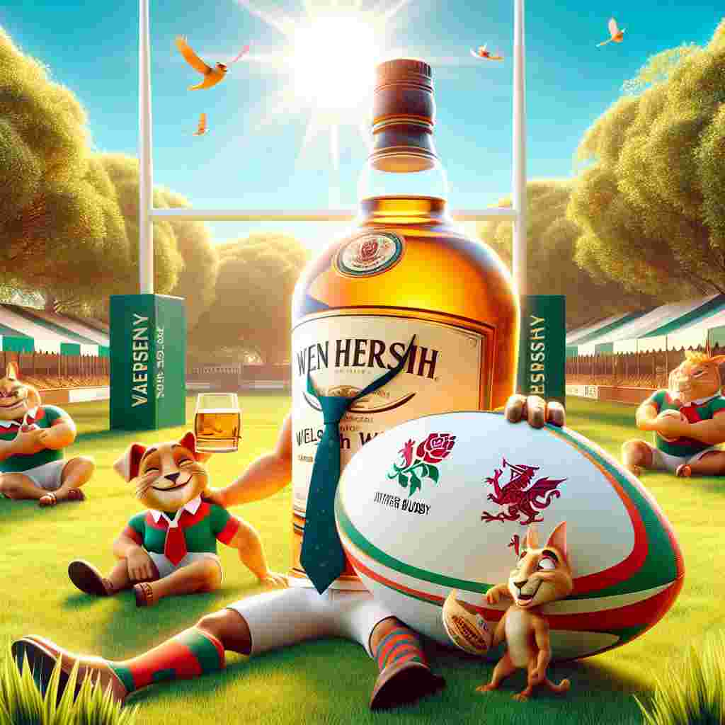 The image illustrates a sunny, grassy field where an oversized, comically exaggerated rugby ball sits in the center. Leaning against the ball is an anthropomorphized bottle of Welsh whisky, beaming with a gentle smile, and dressed in a tie, evoking the nostalgia of a father's wardrobe. Scattered around the scene are stylized, animated mascots that evoke the spirit of powerful, graceful felines, each donned in a rugby jersey and joyfully engaged in a carefree touch rugby game. Lush, vibrant banners stand in the background, bearing the words 'Happy Father's Day' in a bold, playful font. The scene is pleasingly enclosed by rugby goal posts on both ends.
Generated with these themes: Jaguar cars, Welsh rugby, and Whisky.
Made with ❤️ by AI.