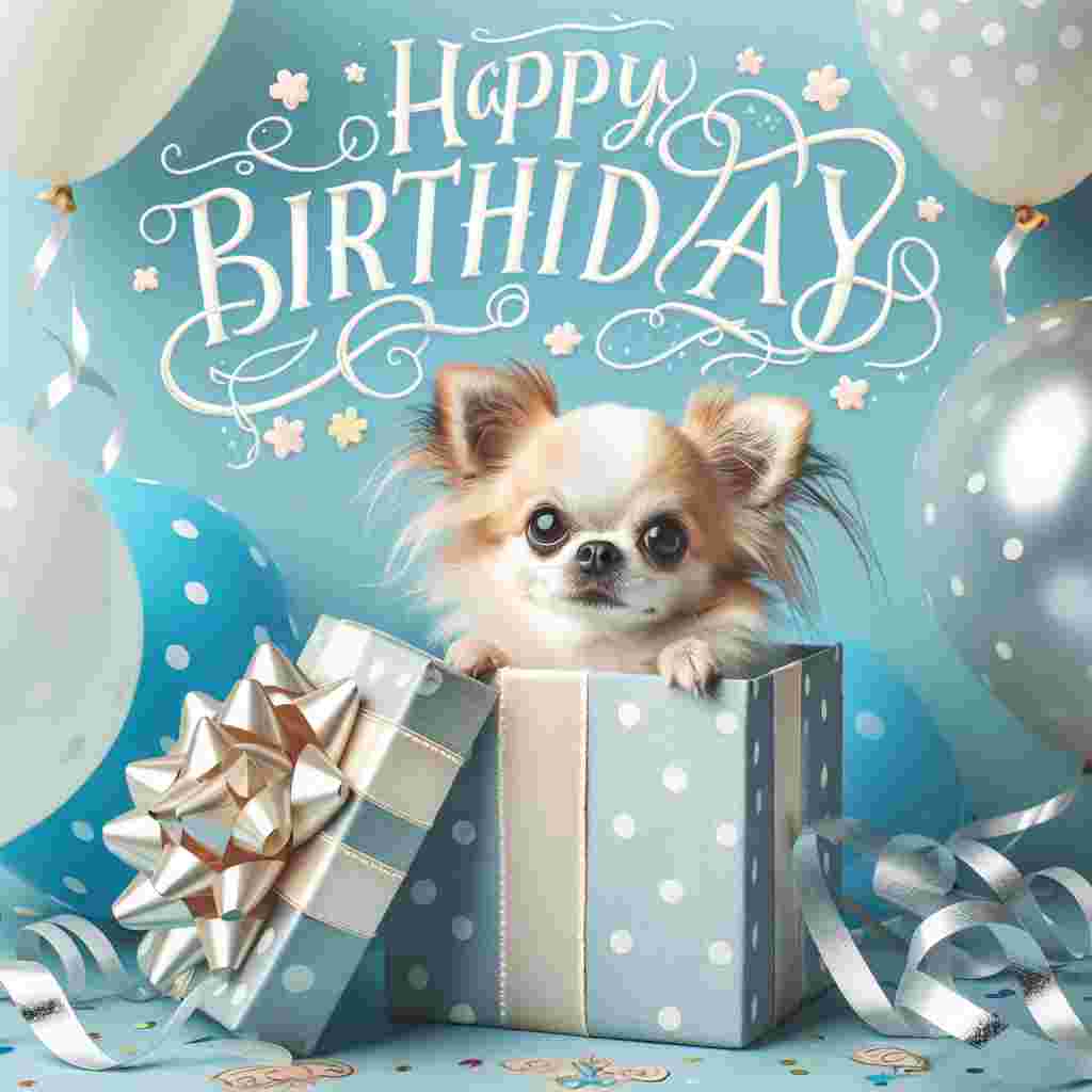 A charming scene showing a Chihuahua peeking out of a gift box adorned with ribbons. The background is a soft blue with white polka dots, evoking a festive atmosphere. The 'Happy Birthday' text is styled in elegant cursive and placed at the top, with balloons and streamers completing the composition.
Generated with these themes: Chihuahua  .
Made with ❤️ by AI.