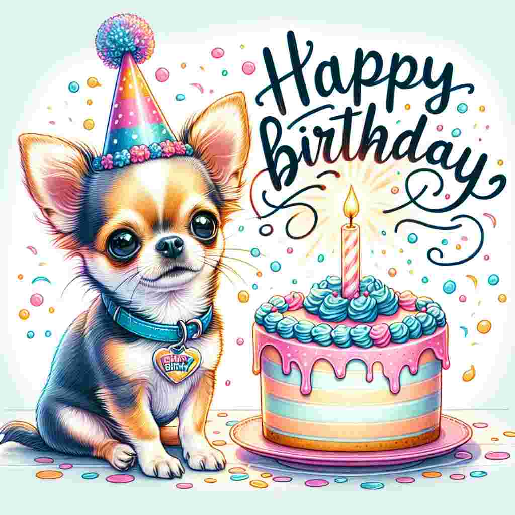 A playful illustration depicting a tiny Chihuahua wearing a colorful birthday hat and a blue collar with a tag. It sits eagerly in front of a pastel-colored birthday cake topped with a single candle. 'Happy Birthday' is written in fun, bubbly letters above the scene, surrounded by floating confetti.
Generated with these themes: Chihuahua  .
Made with ❤️ by AI.