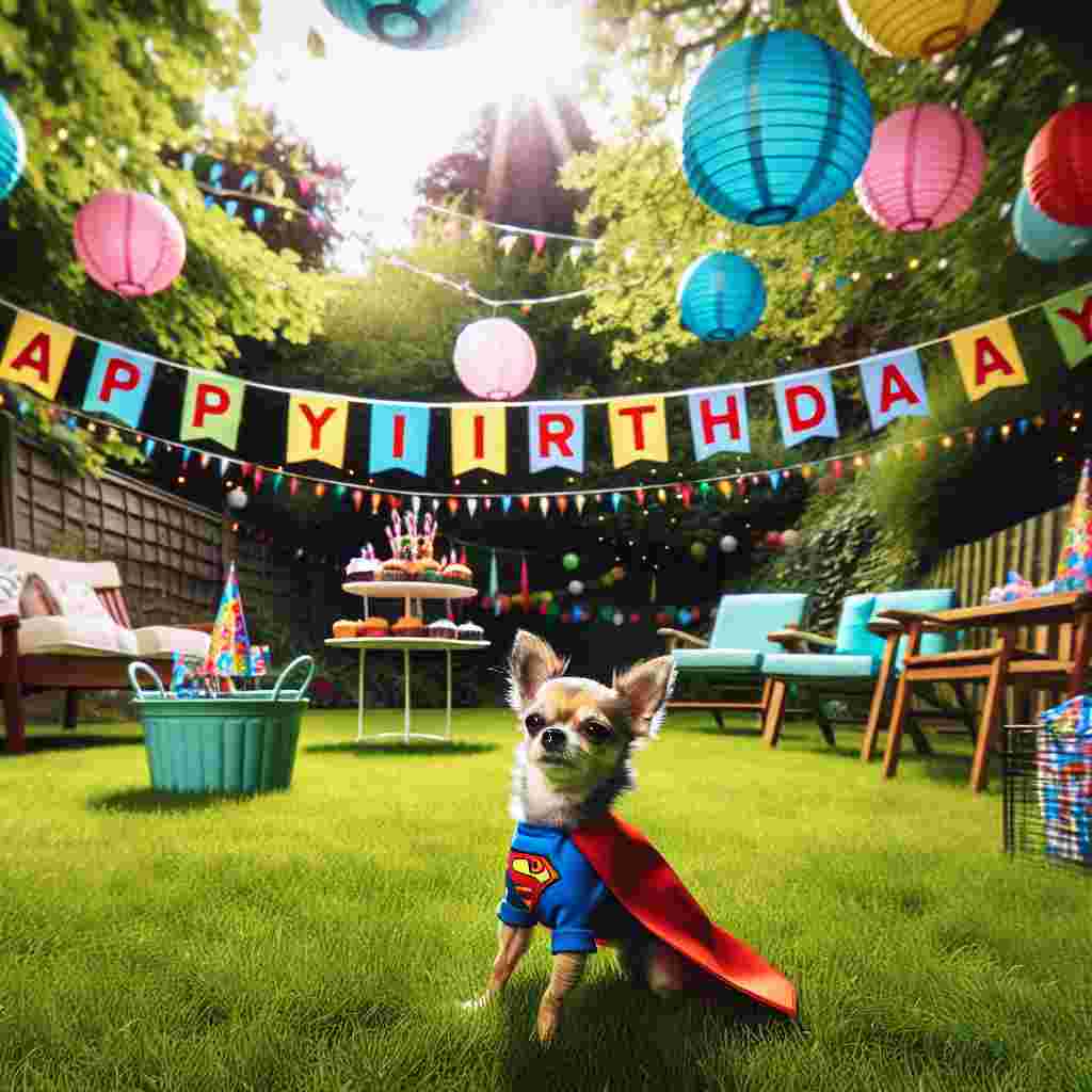 The scene features a Chihuahua dressed in a miniature superhero cape, striking a heroic pose on a lawn. Around it, colorful paper lanterns hang from above, and a 'Happy Birthday' banner stretches across the top of the design in bold, cheerful lettering. The whole scene suggests a fun backyard birthday party.
Generated with these themes: Chihuahua  .
Made with ❤️ by AI.