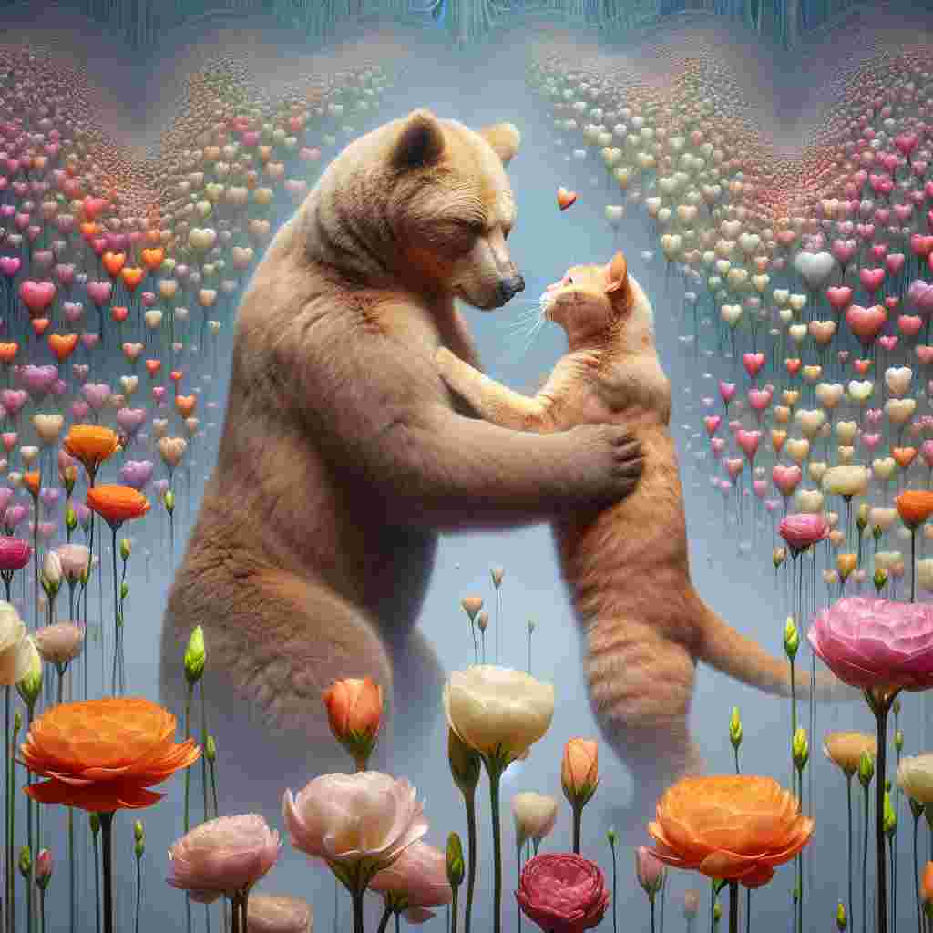 In an ethereal scene, an orange British short hair cat and a large brown bear are engaged in a tender embrace. Their figures are accurately rendered with an extraordinary focus on detail. An array of lisianthus flowers, their petals nearly see-through against the dream-like backdrop, bloom enthusiastically around them. The atmosphere appears to vibrate with heart-shaped illustrations, creating an illusion of reflecting their mutual affection. The inscription 'Our First Valentine's Day' manifests elegantly above the pair, serving as a connection between the unusual scenery and a significant commemorative event.
Generated with these themes: British short hair cat, Bear , Lisianthus flowers  , Word “Our First Valentine’s Day “, Hearts , and Hug.
Made with ❤️ by AI.