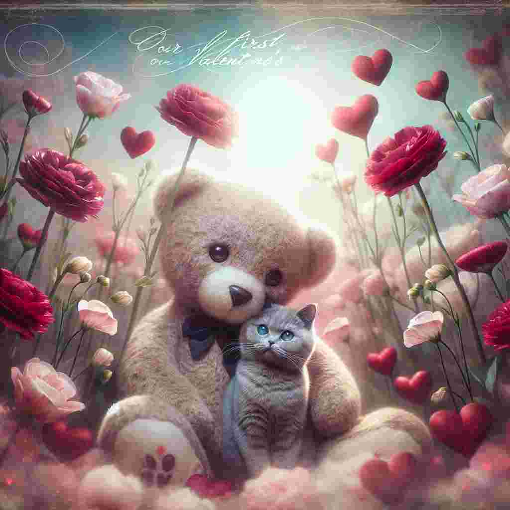 Generate a dreamlike image where a soft, plush bear is tenderly embracing a British short hair cat. They're situated amidst a bed of delicate lisianthus flowers, creating an interesting juxtaposition between the real and the fantastic. The background blurs into an ethereal haze, intensifying this surreal mood. Beautiful crimson hearts float around them softly, seemingly suspended in the air by a gentle breeze, adding to the fantastical quality of the scene. The heartfelt phrase 'Our First Valentine's Day' is skillfully designed into the scenery with an elegant, swirling script, fostering an environment that invokes enchantment and personal affection.
Generated with these themes: British short hair cat, Bear , Lisianthus flowers  , Word “Our First Valentine’s Day “, Hearts , and Hug.
Made with ❤️ by AI.