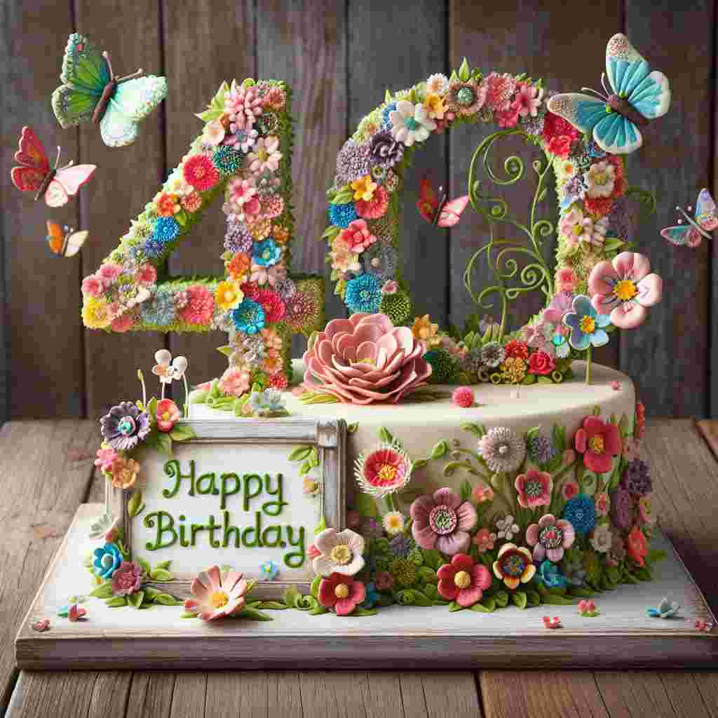 An endearing illustration shows a fairy-tale garden party setup with '40th' spelled out in flower blossoms. Butterflies flutter around a 'Happy Birthday' sign that hangs above a whimsically decorated cake.
Generated with these themes: 40th  .
Made with ❤️ by AI.