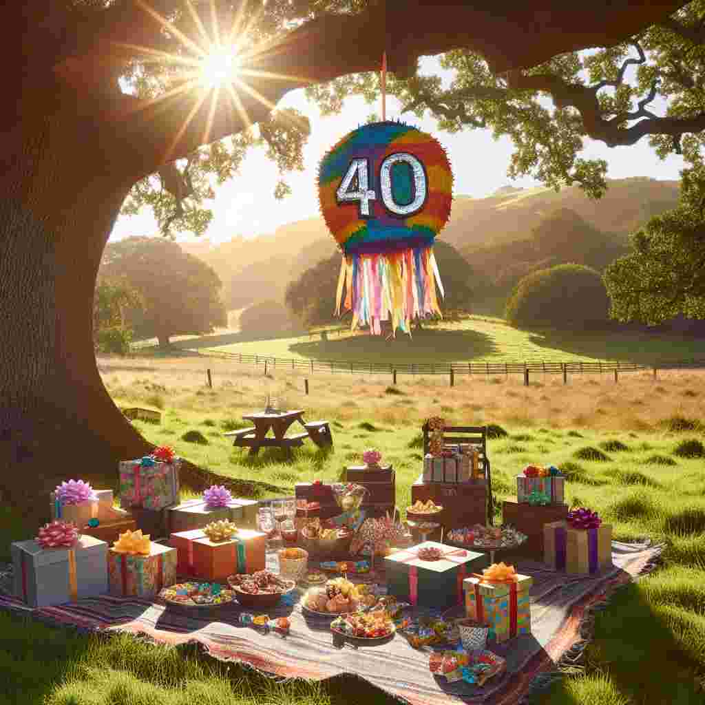 The scene is of a quaint picnic with a '40th' shaped pinata hanging from a tree. The picnic blanket is adorned with the phrase 'Happy Birthday' and is surrounded by an array of delightful gift boxes and sweets.
Generated with these themes: 40th  .
Made with ❤️ by AI.