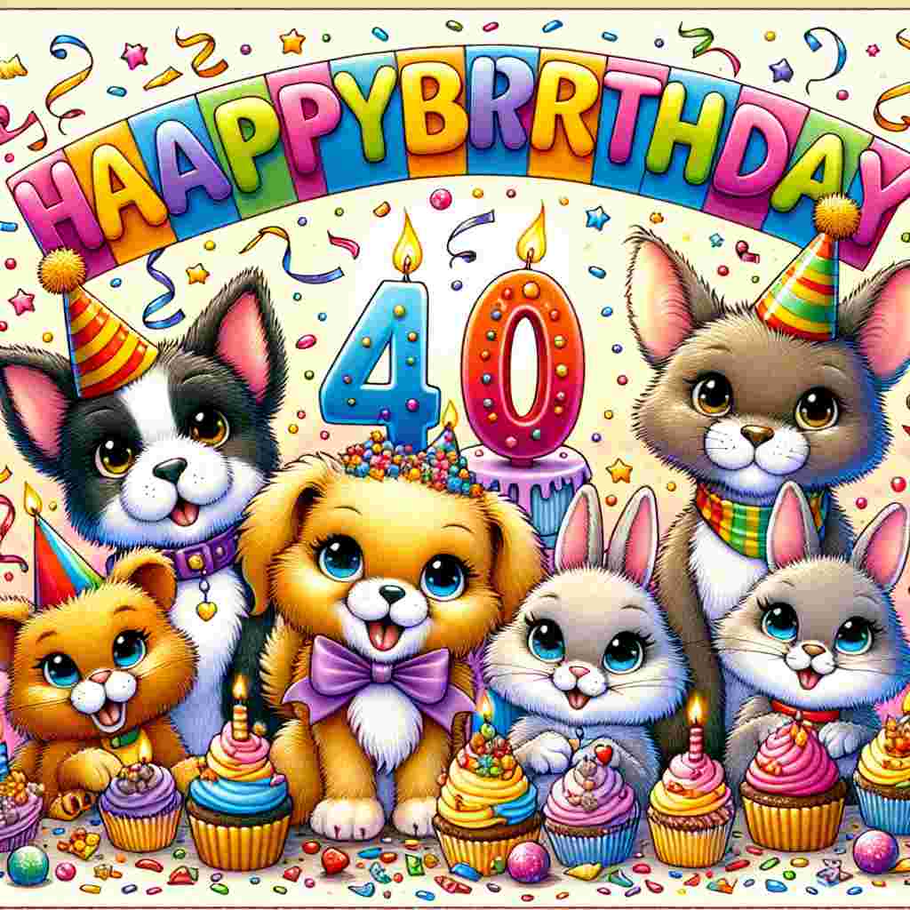 The illustration features an adorable cartoon animal party, with cute creatures wearing party hats around a '40th' banner. A banner above reads 'Happy Birthday', and the animals are surrounded by cupcakes and confetti.
Generated with these themes: 40th  .
Made with ❤️ by AI.