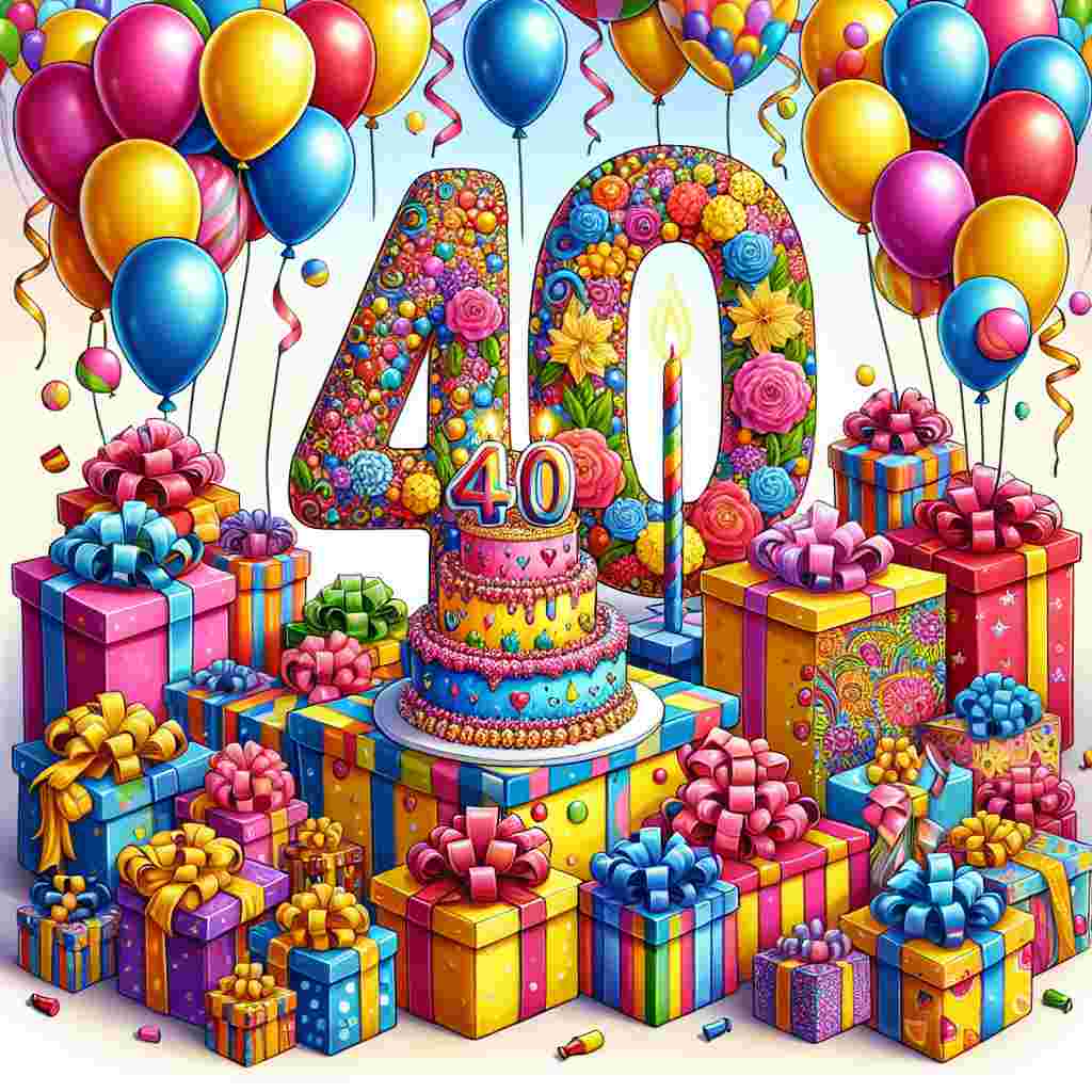 A colorful drawing depicts a cheerful birthday scene with a large '40th' crafted out of balloons at the center. Wrapped gifts and a playful cake with 'Happy Birthday' icing complete the festive atmosphere.
Generated with these themes: 40th  .
Made with ❤️ by AI.