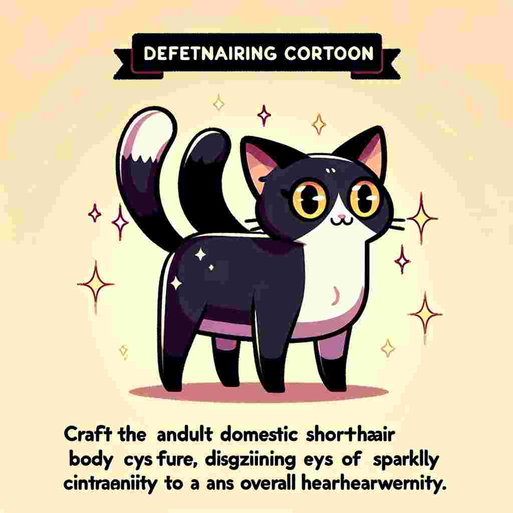 Craft an endearing cartoon of an adult Domestic Shorthair cat possessing a sleek regular body structure. Distinguish this feline with its shiny black and white fur, providing an intriguing contrast to its sparkly yellow eyes that radiate both enigma and geniality. The animation should encapsulate the quintessence of a domestic feline's charm and playfulness while offering an overall heartwarming vibe.
.
Made with ❤️ by AI.