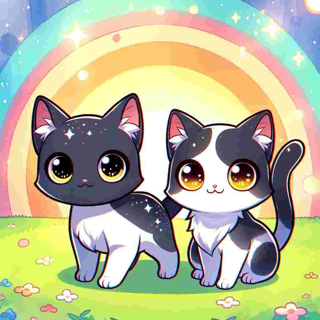 Illustrate a scene from a cute cartoon world. In this scene, there is a character with no specific form or description accompanied by an Adult Domestic Shorthair cat of normal build. The cat's coat is a beautiful patchwork of black and white, making a striking contrast against the colorful background of the cartoon world. The cat's vibrant yellow eyes are filled with intelligence and mischief. This captivating illustration emanates a sense of enchantment.
.
Made with ❤️ by AI.