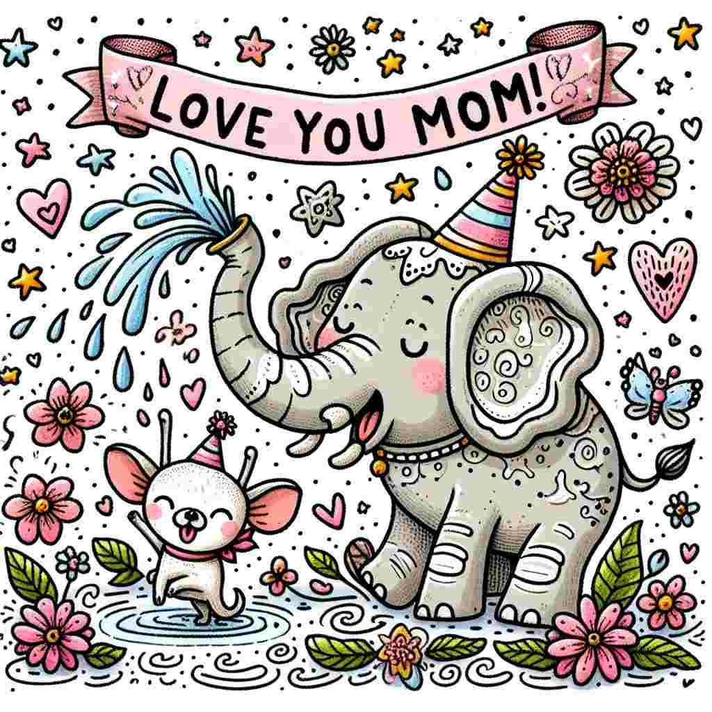 Illustrate an endearing Mother's Day scenario despite the absence of a depicted mother figure. A playful Chihuahua in a party hat is located alongside a massive and friendly elephant. The elephant jovially sprays water from its trunk, causing the surrounding flowers to blossom. Meanwhile, a delicate banner inscribed with the words 'Love You Mom' drifts in the breeze. The background is packed with whimsical doodles of stars, hearts, and diminutive footprints, all joyously commemorating the spirit of Mother's Day.
Generated with these themes: Chihuahua , and Elephant .
Made with ❤️ by AI.