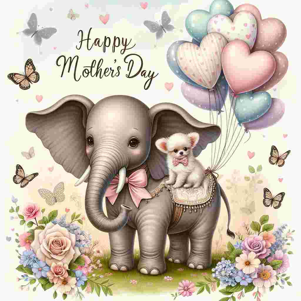 Create a heartwarming Mother's Day themed illustration. In the scene, a tiny Chihuahua dressed elegantly in a bow tie is perched comfortably on the back of a friendly elephant. The elephant, in a display of care, holds a delicate bouquet of pastel-colored flowers carefully in its trunk, as if to symbolize a gift to offer for Mother's Day. Around them are heart-shaped balloons floating gently in the air, creating a festive atmosphere. The background is whimsical, adorned with silhouettes of butterflies in flight, adding an element of enchantment. Above them, there's an elegant banner cheerfully proclaiming 'Happy Mother's Day'.
Generated with these themes: Chihuahua , and Elephant .
Made with ❤️ by AI.