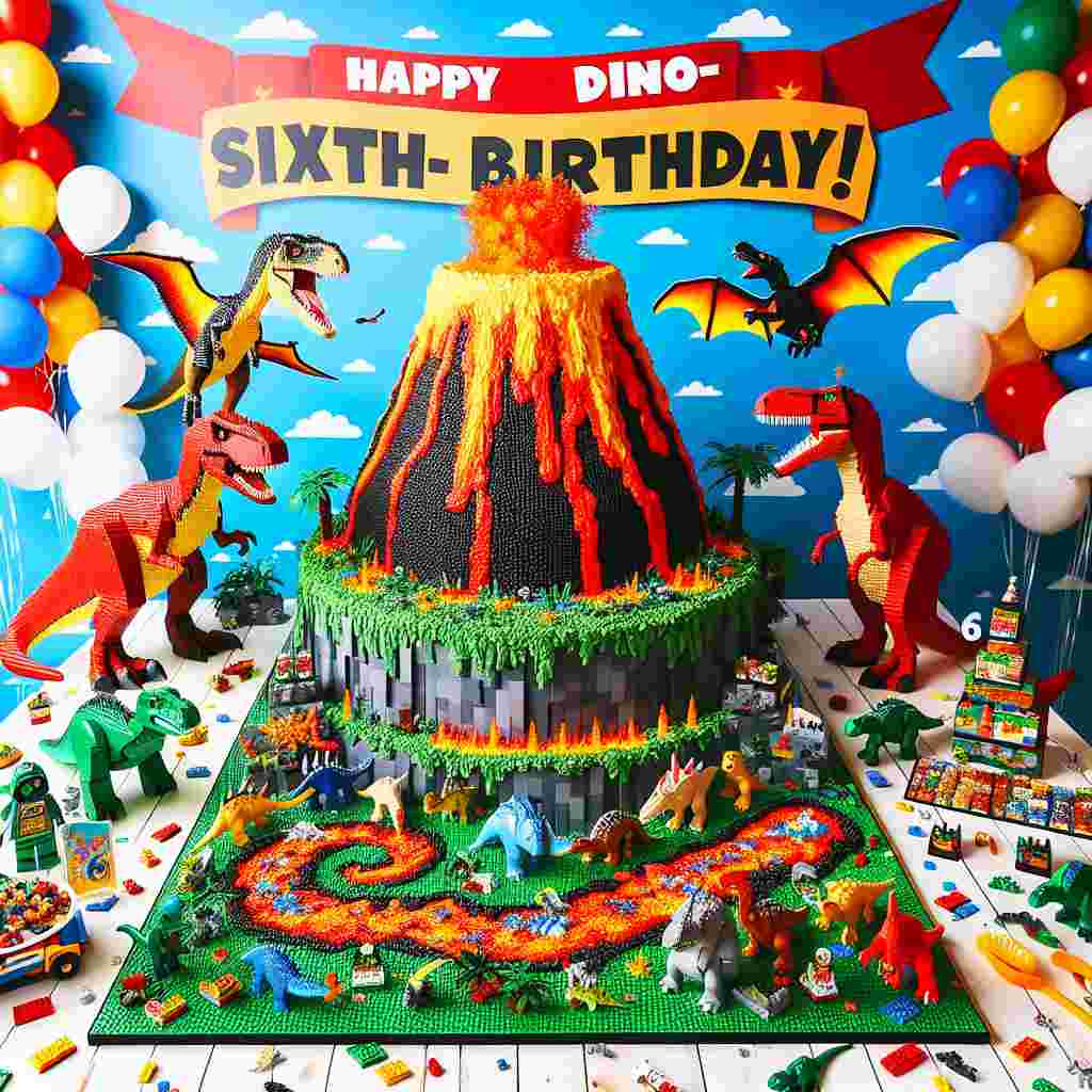A vibrant and colorful cartoon-themed birthday setup inspired by dinosaurs and Lego. The centerpiece is a towering, edible volcano cake, specifically designed to look like it's overflowing with bright red and orange lava frosting. Surrounding this volcanic marvel are miniature Lego dinosaurs, including brontosaurs, T-Rexes, and velociraptors, all donned in festive party hats. Spread around the scene are scattered Lego bricks, artistically arranged to form a pathway shaped like the number 6, leading guests towards the cake. Above this lively scene, a banner proudly declares 'Happy Dino-Sixth Birthday!' whist cartoon pterodactyls flutter about, clutching party balloons in their claws.
Generated with these themes: Jurassic lego, and 6.
Made with ❤️ by AI.