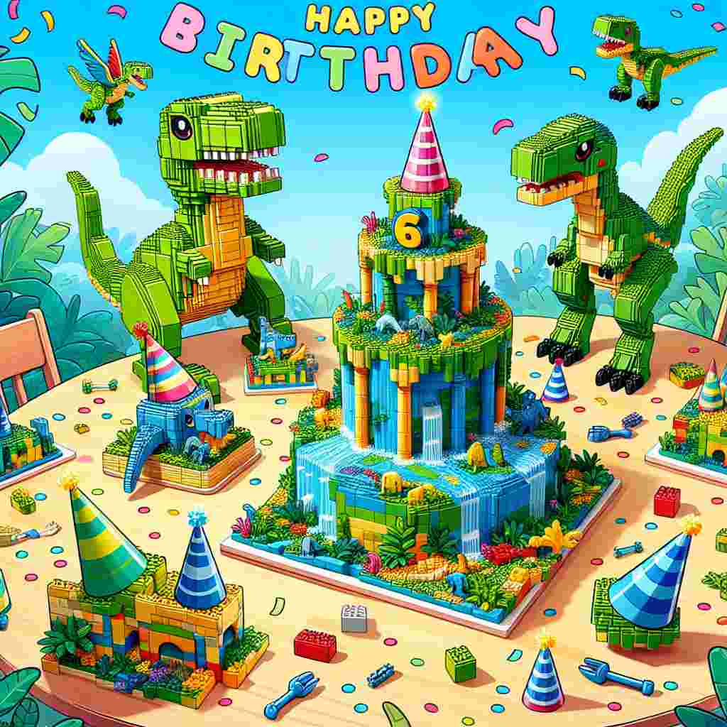 Create an image of a lively cartoon-style birthday setting infused with prehistoric inspirations represented via building block elements. Imagine brilliantly hued tables showcasing small dinosaur constructs made from building blocks, engaged in a merry celebration; they wear party cone hats amidst a scatter of cartoon-style confetti. A structure built from blocks, representing the number '6', is a prominent feature and stands centrally. It's accompanied by a cake shaped like a verdant, cartoon-style prehistoric island, featuring a block-built waterfall. A jolly T-Rex constructed from blocks pops out from the jungle foliage, contributing to the revelries with a booming 'Happy Birthday!'
Generated with these themes: Jurassic lego, and 6.
Made with ❤️ by AI.