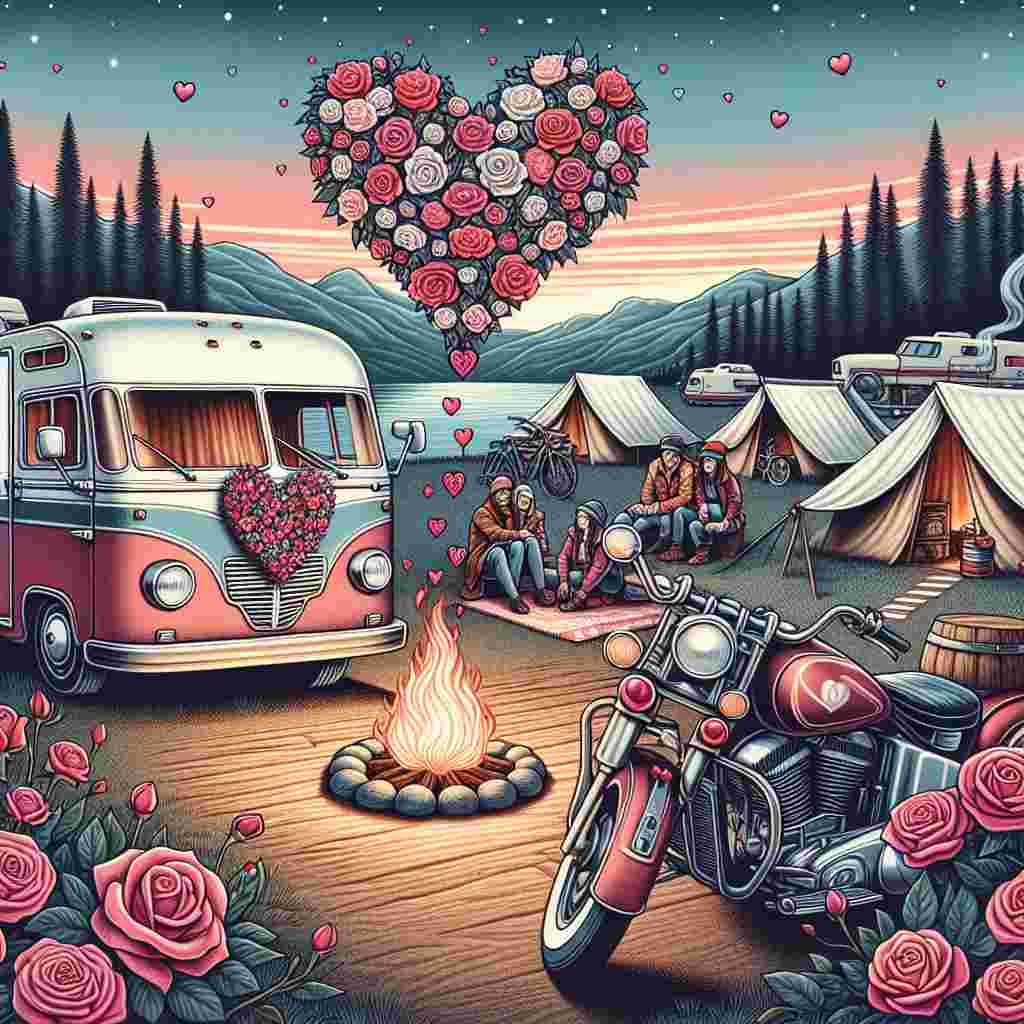 Create an endearing illustration encompassing the spirit of Valentine's Day celebrated at a campsite designed with love. The scene includes an old-school motorhome parked adjacent to a lively campfire, adorned with festive hearts trailing from its sheltered area. A motorbike in the foreground is decorated with flourishing roses. In the background, capture various campsites filled with diverse couples: some are Caucasian, Hispanic, Black, Middle-Eastern, and South Asian; range of genders and all equally immersed in the joy of the outdoors. The sky overhead is a mesmerizing blend of sunset hues.
Generated with these themes: Motorhome , Campsites , and Motorbike .
Made with ❤️ by AI.