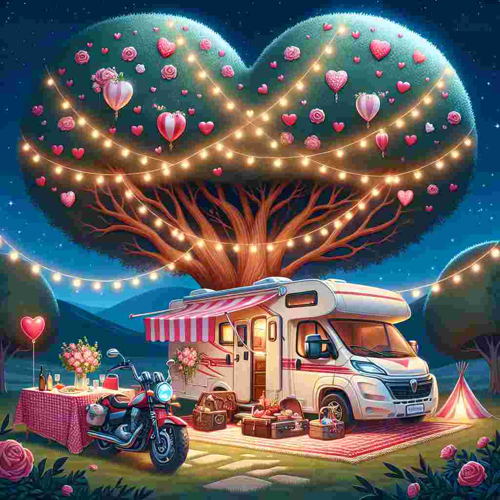 Create a charming Valentine's Day illustration featuring a warm and cozy motorhome parked in a quaint heart-shaped campsite. The motorhome should be adorned with delicate pink and red decor on its exterior. Nestled against a nearby tree, a couple's motorbike adds a hint of excitement and adventure to the scene. Under the broad branches of the tree, there's a romantic picnic setup designed for two, embellished with glowing string lights that add a magical touch. The scene is set against the backdrop of a night sky, filled with twinkling stars, encapsulating the essence of romance and adventure.
Generated with these themes: Motorhome , Campsites , and Motorbike .
Made with ❤️ by AI.