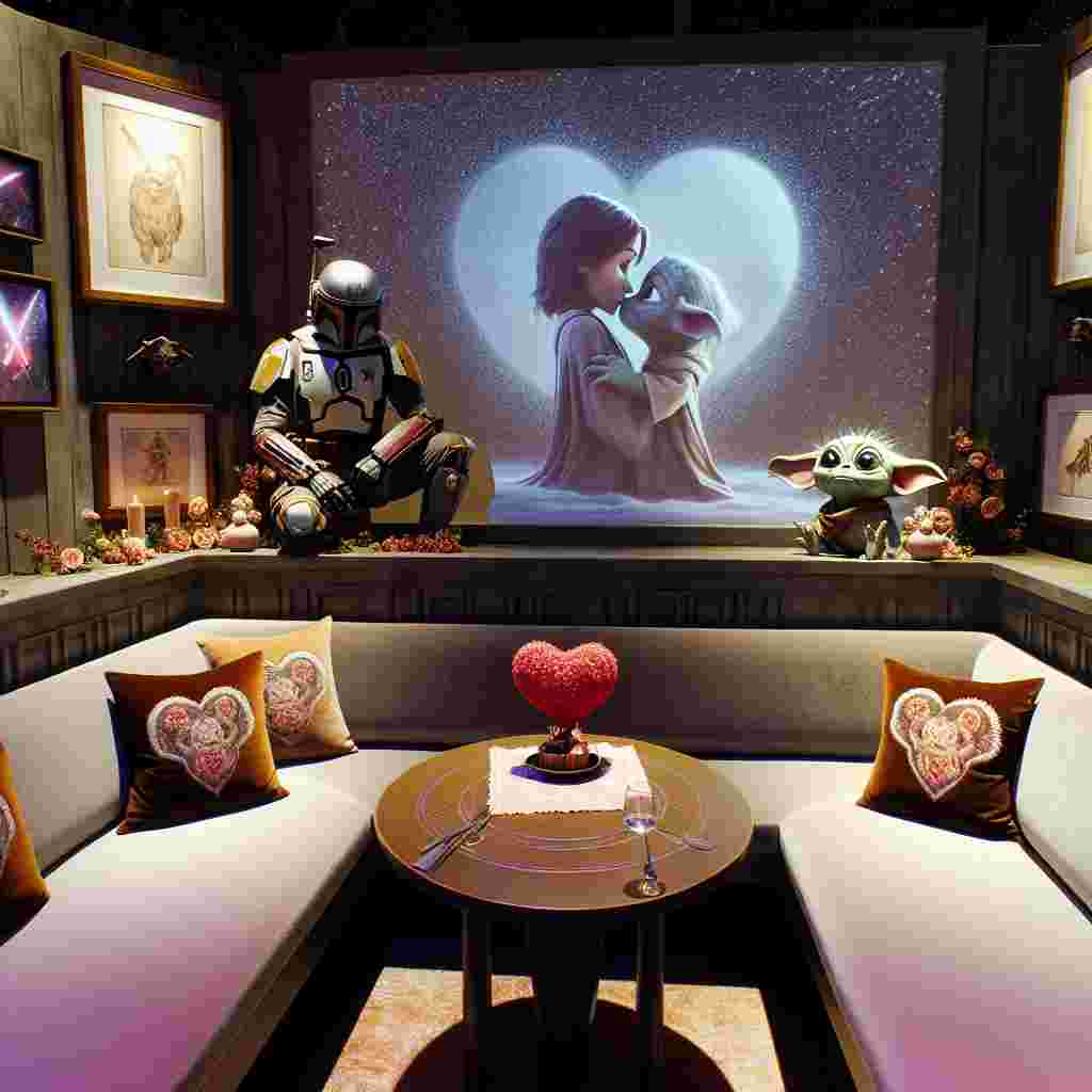 Imagine a charming corner designed in a realistic style for Valentine's Day, integrating elements of galactic bounty hunter armor into the decor. Comfortable, velvet cushions with embroidered designs of a mythical beast's skull invite pairs to dine under a facsimile of glittering stars created by futuristic technology. At the center of the table, a delicate projection of a small, endearing alien creature with eyes shining with love, holds a heart-shaped chocolate as the centerpiece. The walls are decorated with framed projections of iconic love scenes from a popular galactic franchise, all under the calm watch of a full-sized statue of a romantic bounty hunter posed in the corner.
Generated with these themes: Star wars mandalorian sci-fi bools.
Made with ❤️ by AI.