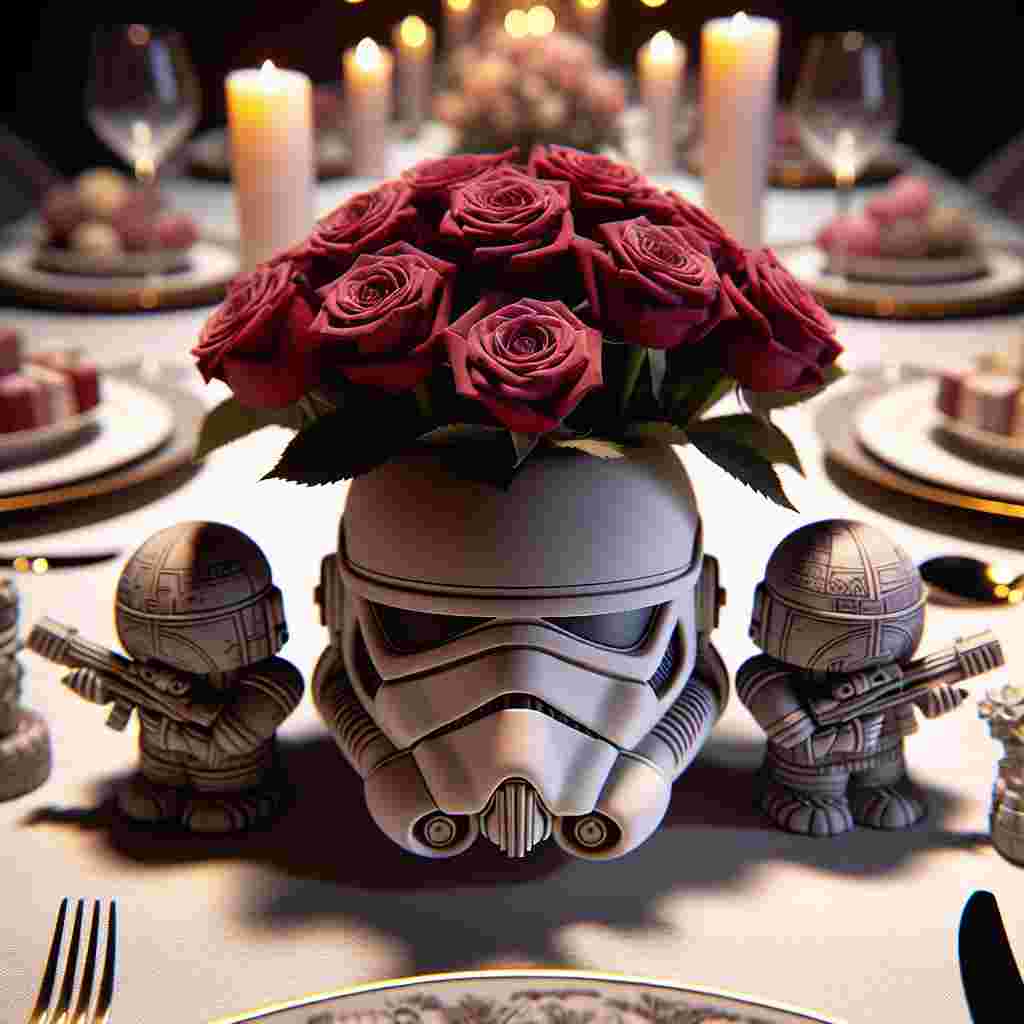 Visualize a comfortable and realistic ambiance encapsulating the warmth of a love-themed celebration. Positioned at the center is a meticulously designed helmet, distinct to interstellar bounty hunters, embellished with discreet heart patterns and serving as a container holding a bunch of profound crimson roses. Encircling this centerpiece are confectionery containers, characterized by their advanced spacecraft shapes, delicately hand-painted with confectionary silver and affectionate carnations. The atmosphere is enhanced by the dim flickering candlelight, delivering a romantic illumination over a precisely arranged banquet table adorned with sophisticated dishware, imprinted with playful imaginary characters who appear to be holding hands in a friendly manner.
Generated with these themes: Star wars mandalorian sci-fi bools.
Made with ❤️ by AI.