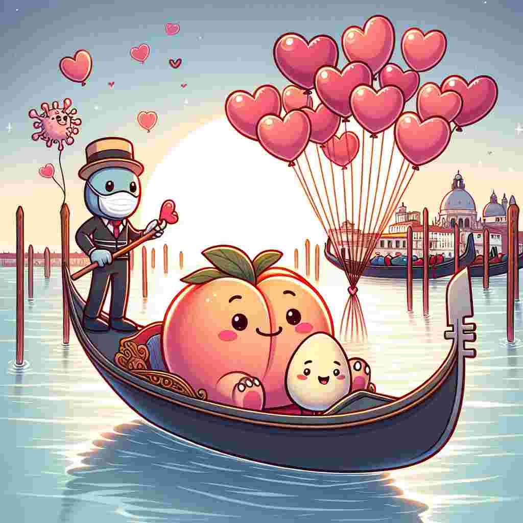In the first illustration themed around Valentine's Day, feature a cute, blushing peach and a cream-colored egg nested comfortably on a gondola as it glides gently through the calm waters of Venice's iconic canals. Cast a glow of Italy's romantic spirit onto this scene. Steering the boat is a playful elephant wearing a small gondolier's hat, marking it out as the guide for this adorable peaceful voyage. Towards the sky, include an array of heart-shaped balloons ascending into the clear sky. Among them, illustrate a quirky germ character, symbolic of an infectious love, giggling away as it clings to one of these balloons.
Generated with these themes: Cream egg, Peach, Italy , Elephant , and Germ.
Made with ❤️ by AI.