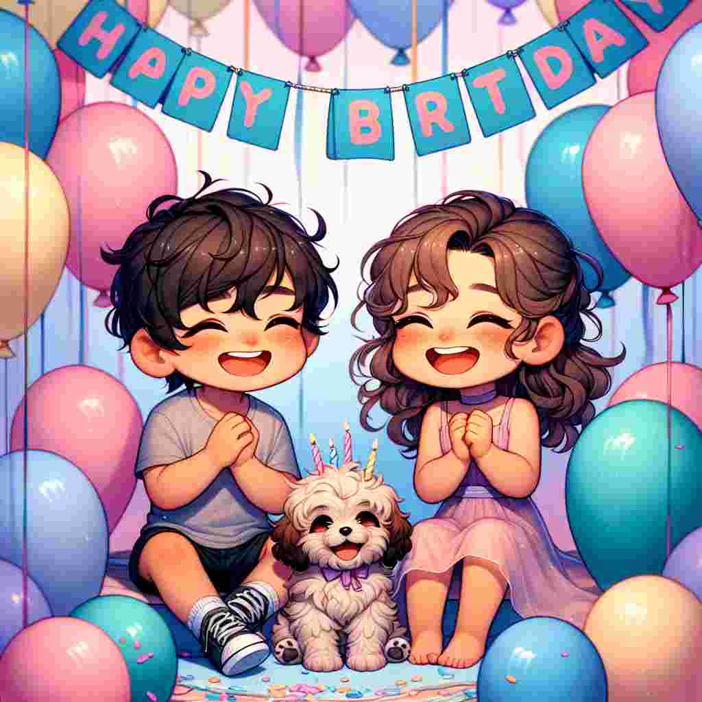 An adorable scene where two sister characters are laughing together amidst a flurry of pastel balloons. A banner with the text 'Happy Birthday' drapes across the top corner of the image, with a small, friendly party puppy at their feet, its tail wagging excitedly.
Generated with these themes: sister  .
Made with ❤️ by AI.