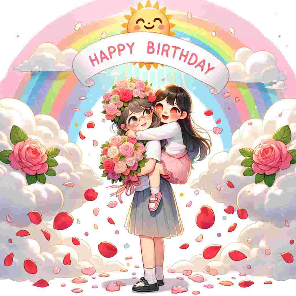 A heartwarming drawing that captures a moment where a big sister is giving a piggyback ride to her little sister, surrounded by a cascade of falling rose petals. The words 'Happy Birthday' are inscribed in elegant script inside a cloud above them, with a rainbow and smiling sun adding to the merry vibe.
Generated with these themes: sister  .
Made with ❤️ by AI.
