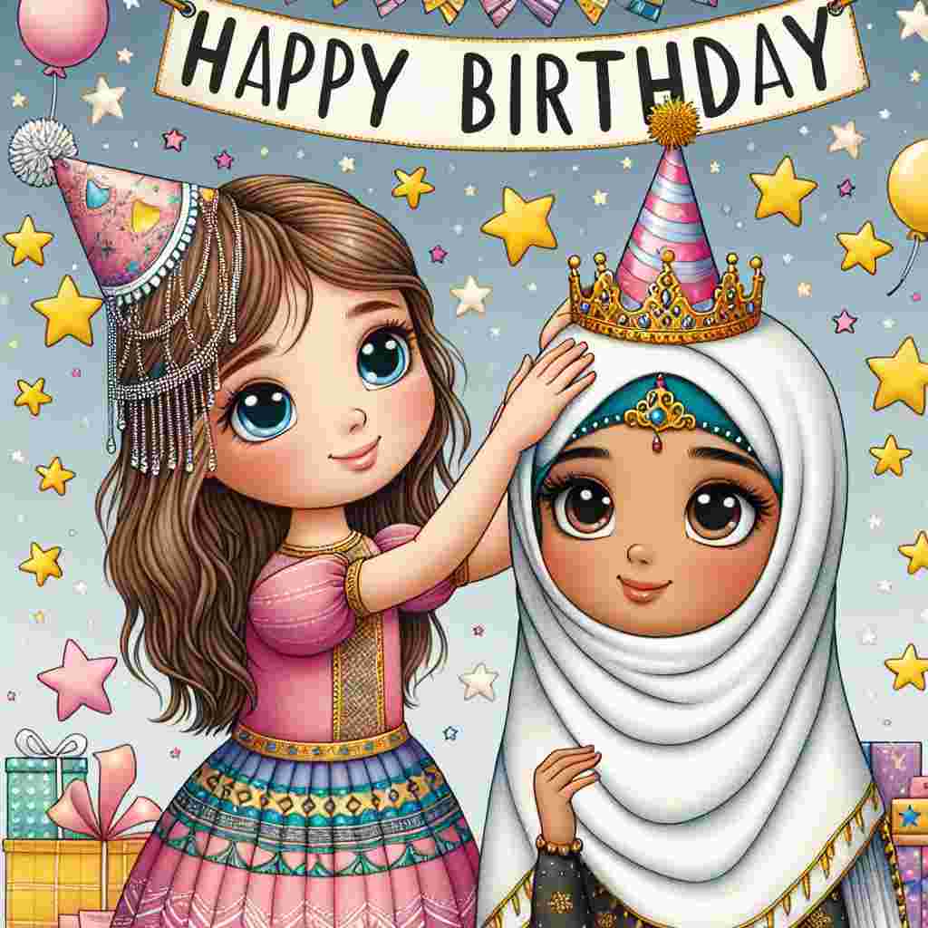 A charming illustration showing a pair of sisters, one with a party hat gently placing a crown on the other's head. The background is dotted with stars and gifts, while 'Happy Birthday' is prominently displayed across the top in a banner held by two chirpy birds.
Generated with these themes: sister  .
Made with ❤️ by AI.