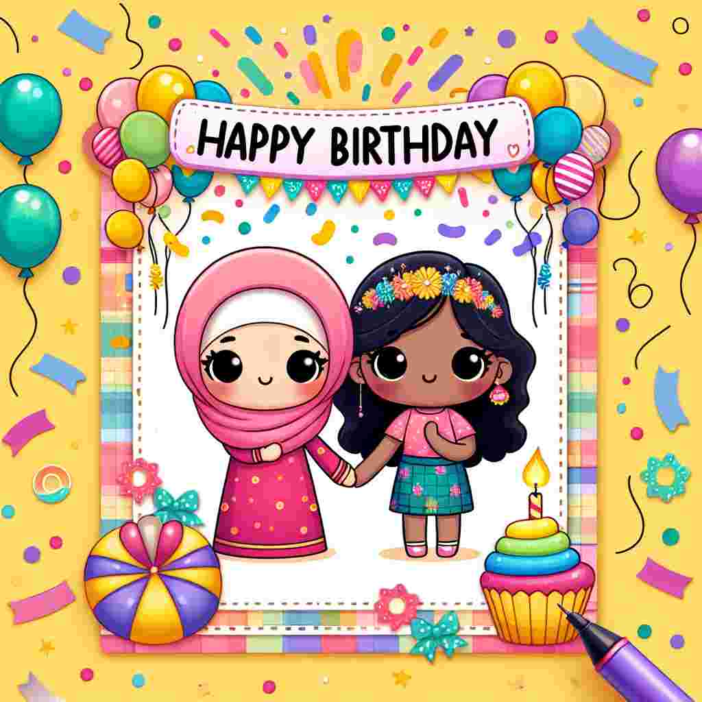 A whimsical birthday card featuring a cute cartoon sister duo holding hands with a burst of confetti in the background. 'Happy Birthday' is written in playful, curvy letters above their heads, complemented by colorful balloons and a tiny cupcake with a single flickering candle.
Generated with these themes: sister  .
Made with ❤️ by AI.