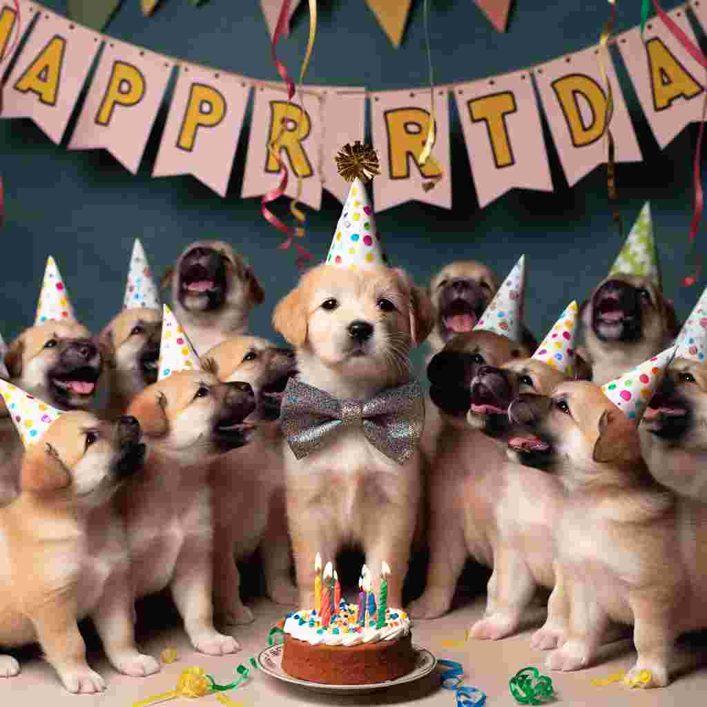 In this heartwarming illustration, a group of puppies are having a birthday party, with one special dog in a bow tie seated at the center. A banner drapes across the top with the words 'Happy Birthday,' while the dogs excitedly play with streamers and birthday hats.
Generated with these themes: dog  .
Made with ❤️ by AI.