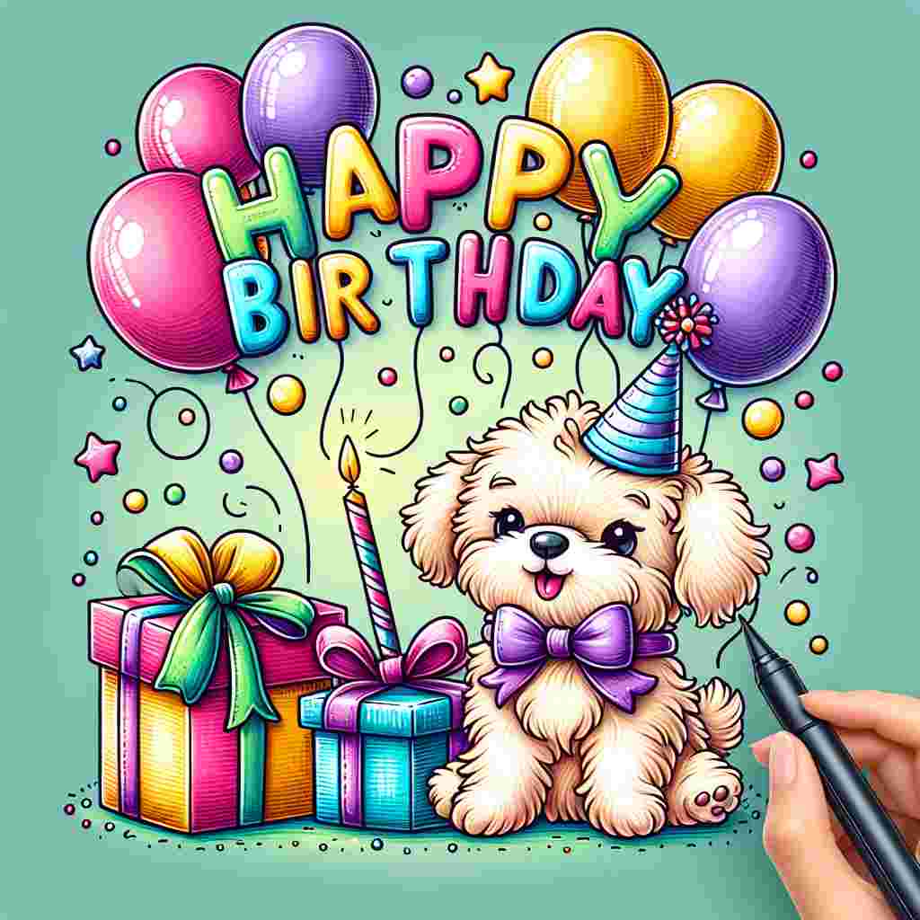 An adorable birthday card illustration depicts a fluffy dog in a party hat sitting next to a pile of colorful gifts. Balloons float in the background as the words 'Happy Birthday' are emblazoned above in cheerful, bold font.
Generated with these themes: dog  .
Made with ❤️ by AI.
