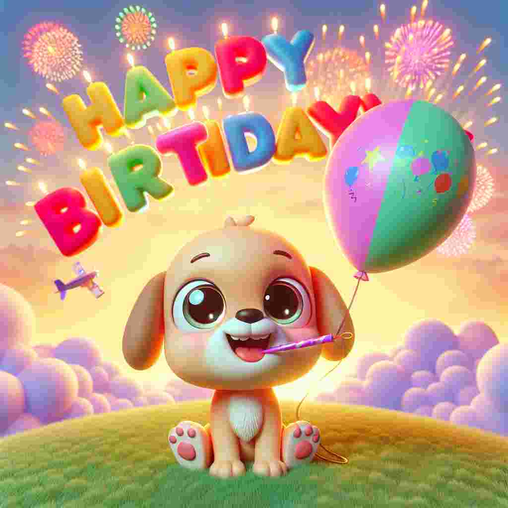 A charming illustration shows a cartoon dog with big, sparkling eyes, holding a festive balloon in its mouth. It's perched on a grassy hill under a sky filled with fireworks, with 'Happy Birthday' written in the sky like a banner pulled by a plane.
Generated with these themes: dog  .
Made with ❤️ by AI.