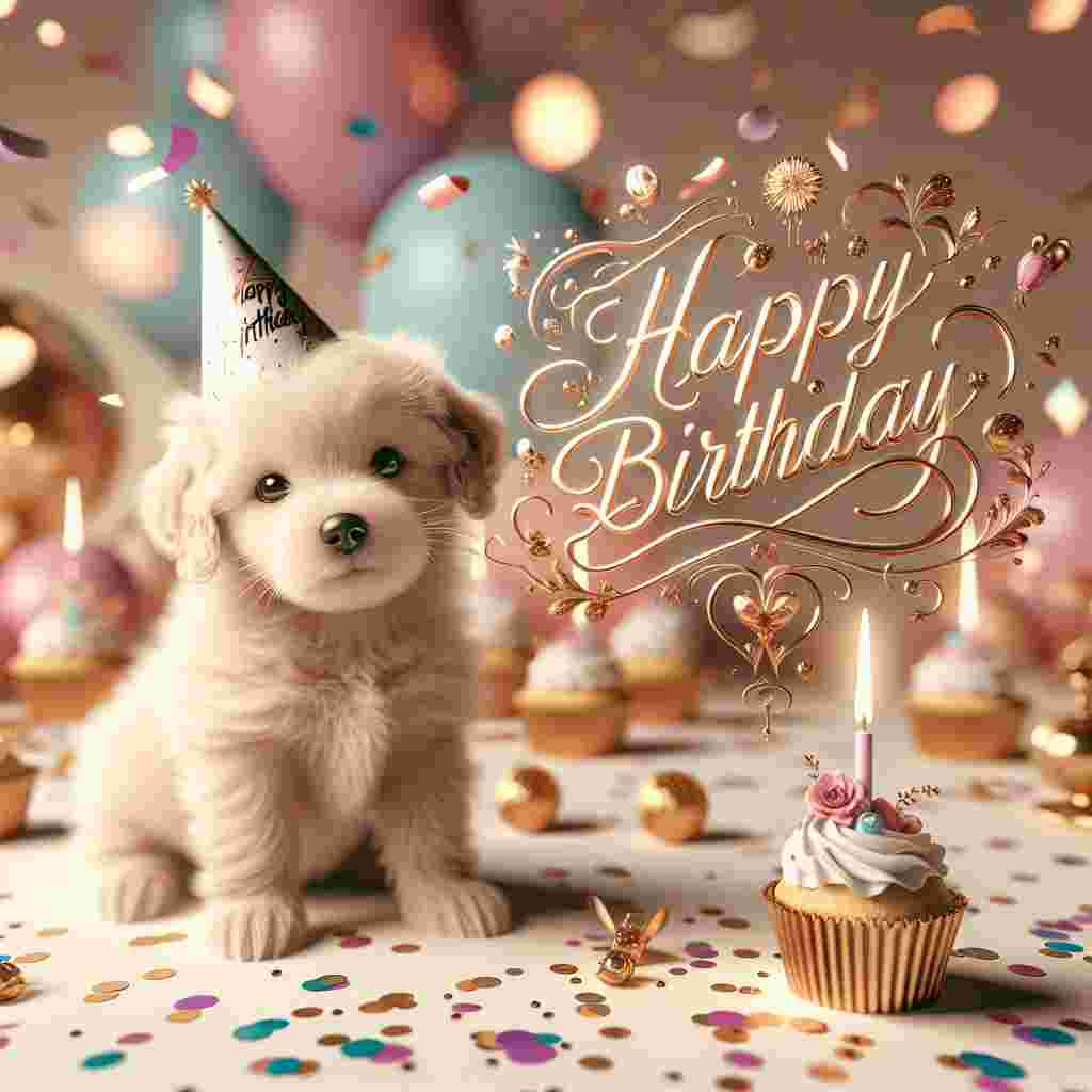 The scene is set with a playful puppy wearing a tiny birthday cap, surrounded by confetti and cupcakes with a single candle on each. 'Happy Birthday' is written in a whimsical script, curving around a large, balloon-shaped as the central focus.
Generated with these themes: dog  .
Made with ❤️ by AI.