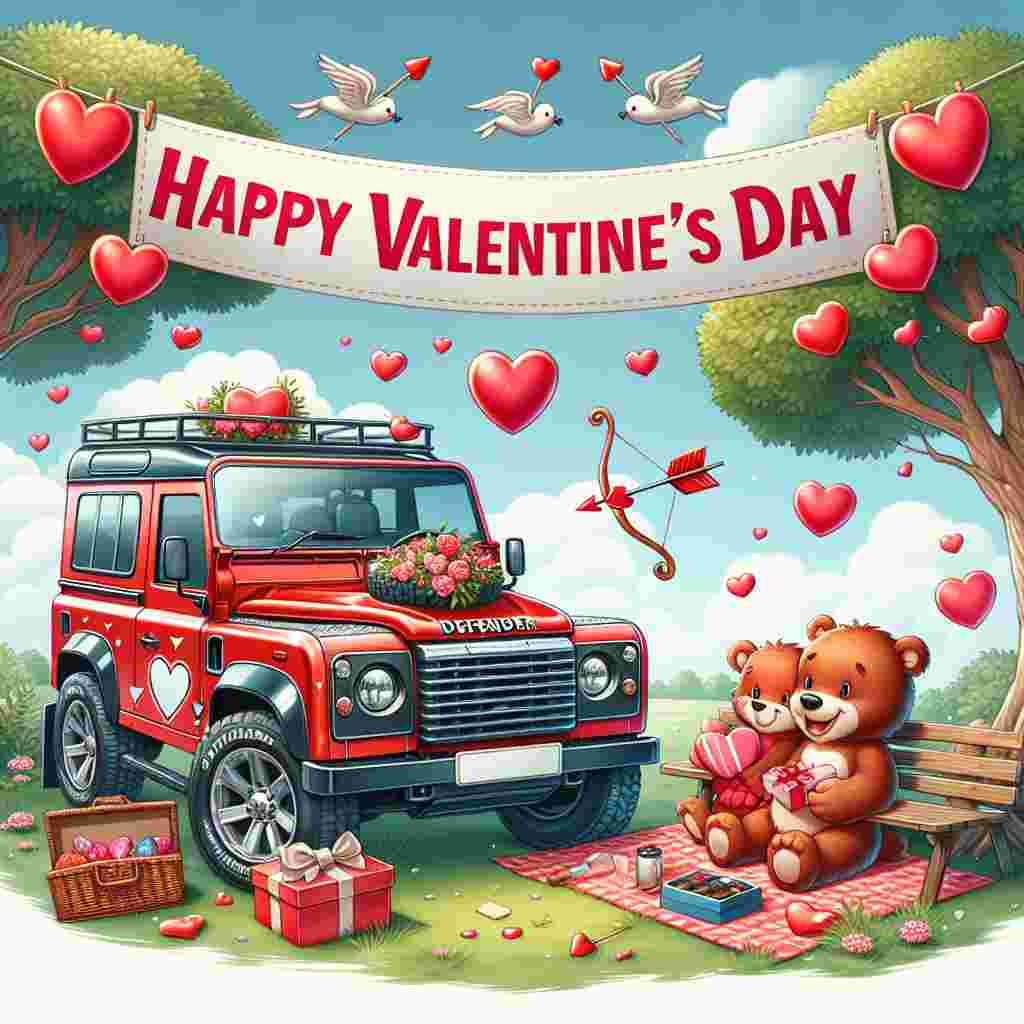 Create an appealing Valentine's Day themed cartoon scene featuring a vivid red Land Rover Defender decorated with white hearts and arrows reminiscent of Cupid's. The vehicle stands next to a picnic setup under a tree. Two cartoon animals, a bear and a rabbit, are enjoying a heart-shaped box of chocolates together. Above them, a banner gently sways showcasing the inscription 'Happy Valentine's Day', all set against the canvas of a clear, blue sky.
Generated with these themes: Landrover defender .
Made with ❤️ by AI.