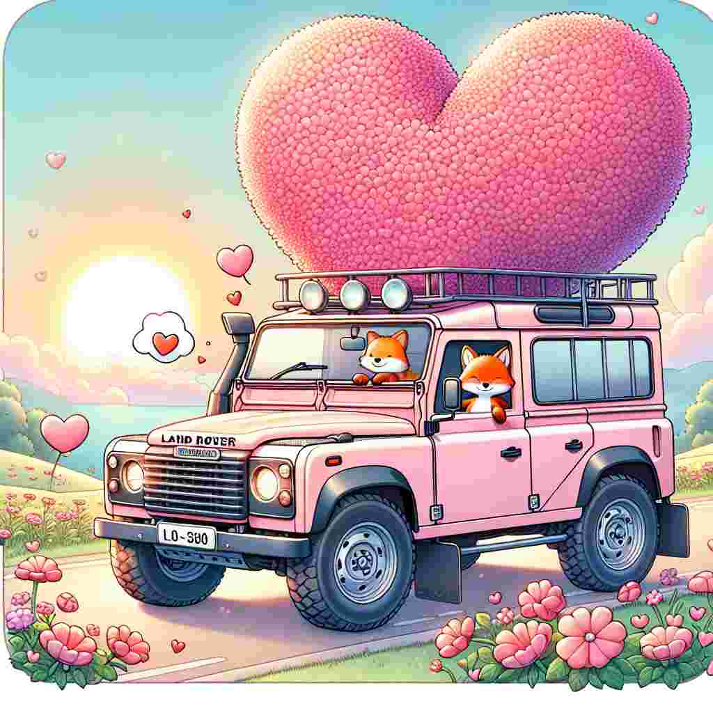 Visualize a charming Valentine-themed cartoon. It features a pastel pink Land Rover Defender which bears a colossal, lush heart fixed to its top, making its way down a road bordered with flowers moulded like hearts. The windows of this vehicle are down, and a duo of cartoon foxes with heart-shaped sunglasses can be seen inside. These foxes are engaged in a love-filled chit-chat, represented by tiny heart bubbles. Adding to the scenery, the sun recedes in the backdrop, leaving behind a heart-shaped horizon.
Generated with these themes: Landrover defender .
Made with ❤️ by AI.