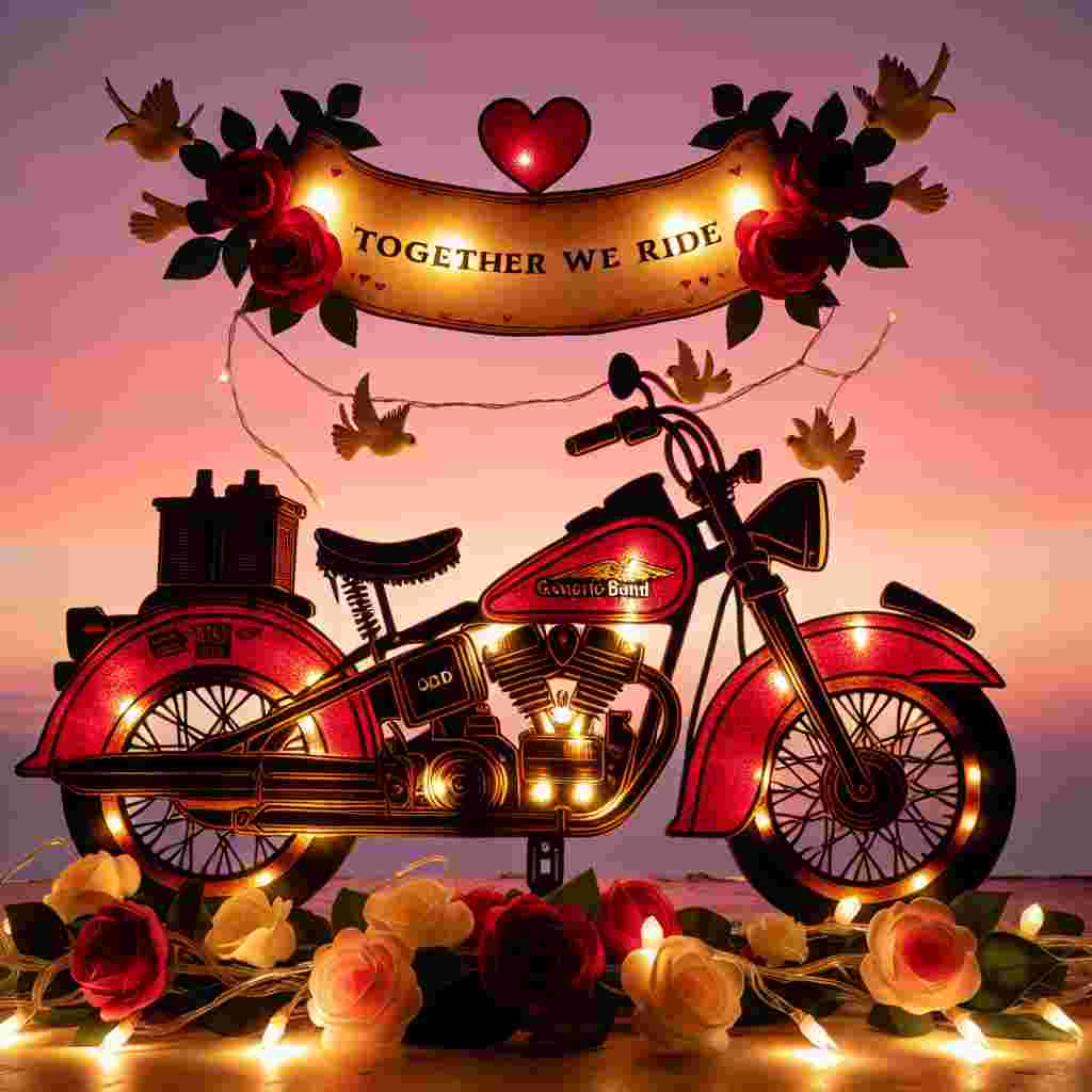 In a quaint, sentimental atmosphere, a glowing red, generic brand motorcycle with a unique license plate reading 'V2 ODD' becomes the centerpiece of a Valentine's Day-themed depiction. Embellished with strings of roses, the motorbike is silhouetted against a backdrop of a pastel sunset. Pairs of doves perch on the handlebars, as a banner hanging above proclaims 'Together We Ride', encapsulating feelings of love, commitment, and camaraderie.
Generated with these themes: Red Harley Davidson motorbike, and Registration V2 ODD.
Made with ❤️ by AI.