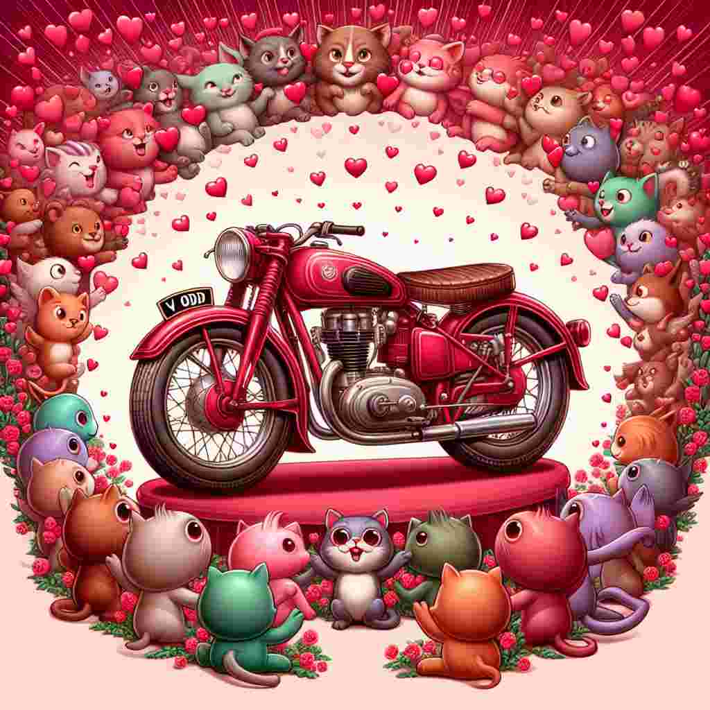 A playful illustration themed around the Valentine's Day depicts a vintage-style red motorcycle with an unmistakable identification V2 ODD positioned prominently in the heart of the tableau. Encircling the two-wheeler, a gush of hearts in hues of pink and red dance energetically in the atmosphere, lending an air of romantic charm. A semi-circle of cartoonish animals, diverse in species and colors, is arranged behind the bike, holding hands in a display of unity, their eyes aglow with affection and admiration for the motorbike.
Generated with these themes: Red Harley Davidson motorbike, and Registration V2 ODD.
Made with ❤️ by AI.